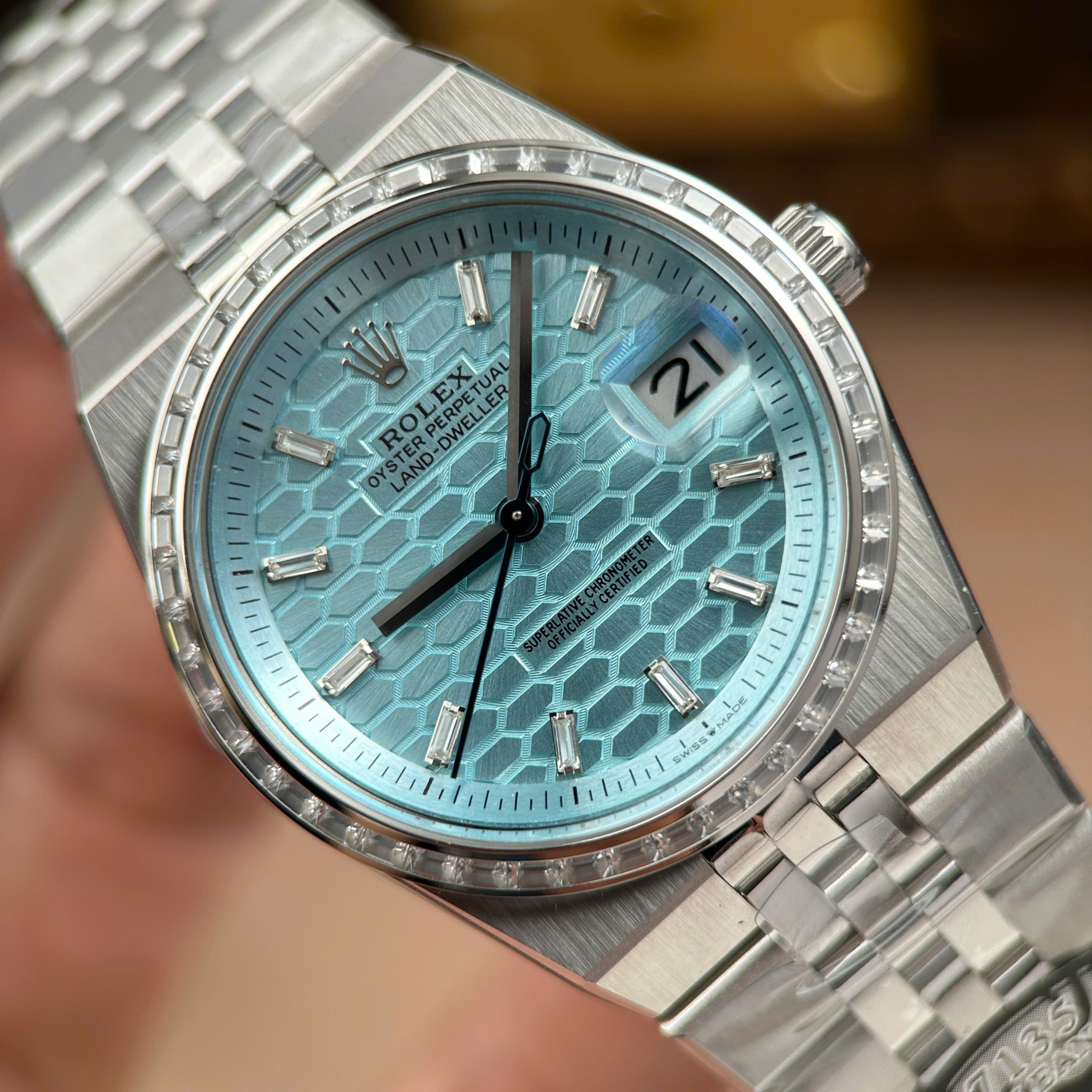 Rolex Land-Dweller Best Quality Replica Watch Ice Blue Dial Rhinestone Baguette Bezel Clean Factory 36mm (9)