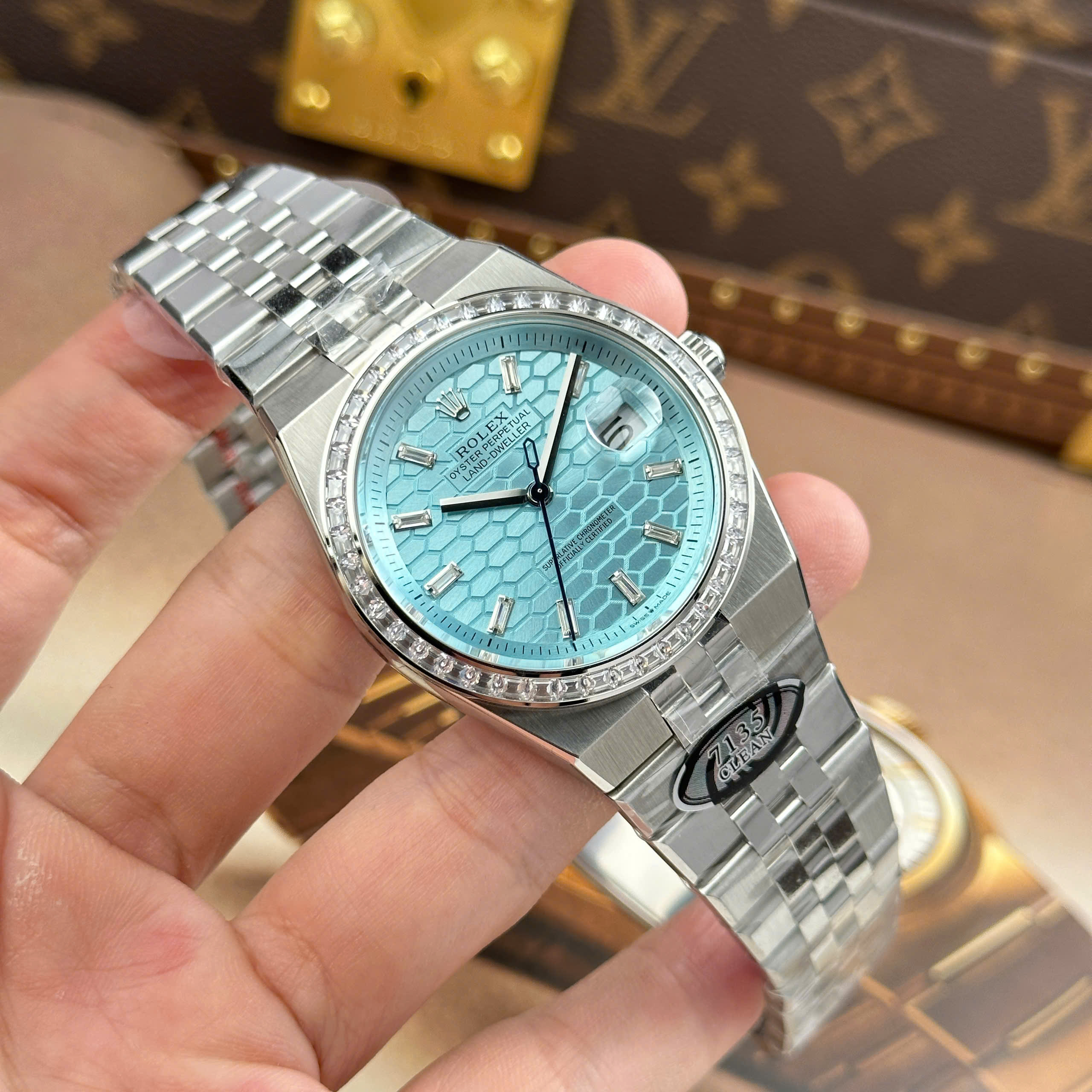 Rolex Land-Dweller Good Imitation Watch Ice Blue Dial Rhinestone Baguette Bezel Clean Factory 40mm (10)