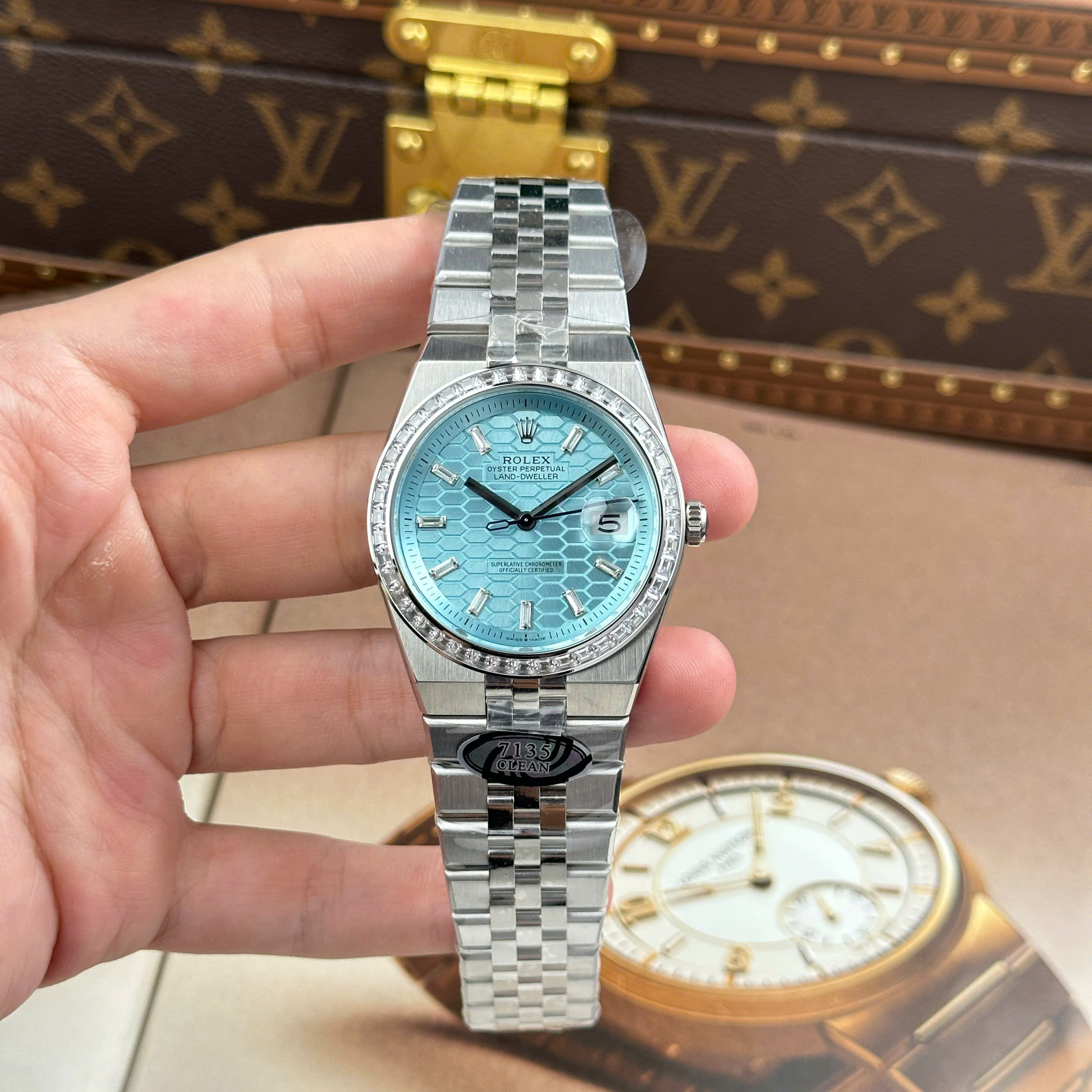 Rolex Land-Dweller Good Imitation Watch Ice Blue Dial Rhinestone Baguette Bezel Clean Factory 40mm (11)