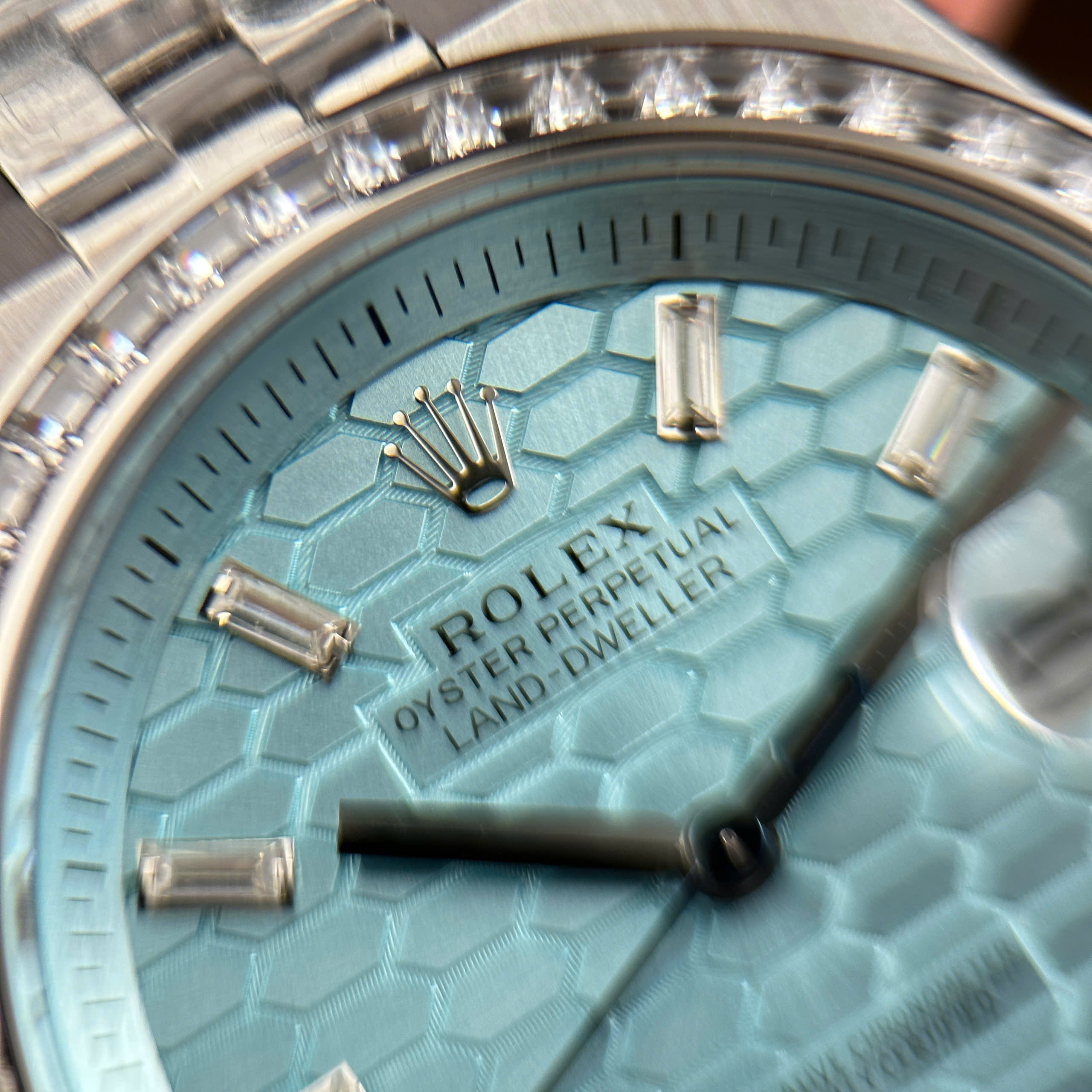 Rolex Land-Dweller Good Imitation Watch Ice Blue Dial Rhinestone Baguette Bezel Clean Factory 40mm (7)