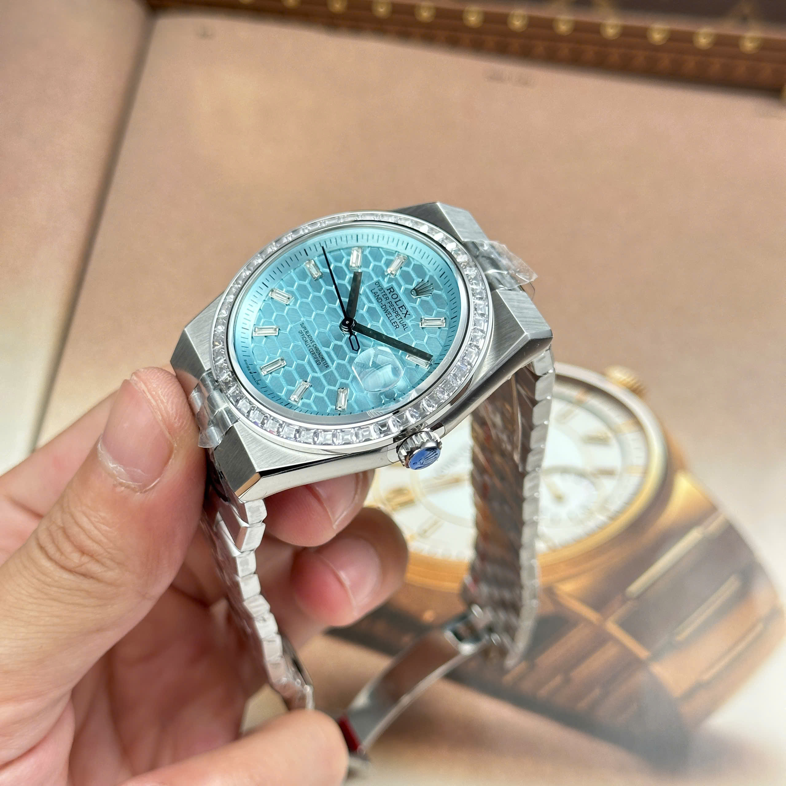 Rolex Land-Dweller Good Imitation Watch Ice Blue Dial Rhinestone Baguette Bezel Clean Factory 40mm (8)
