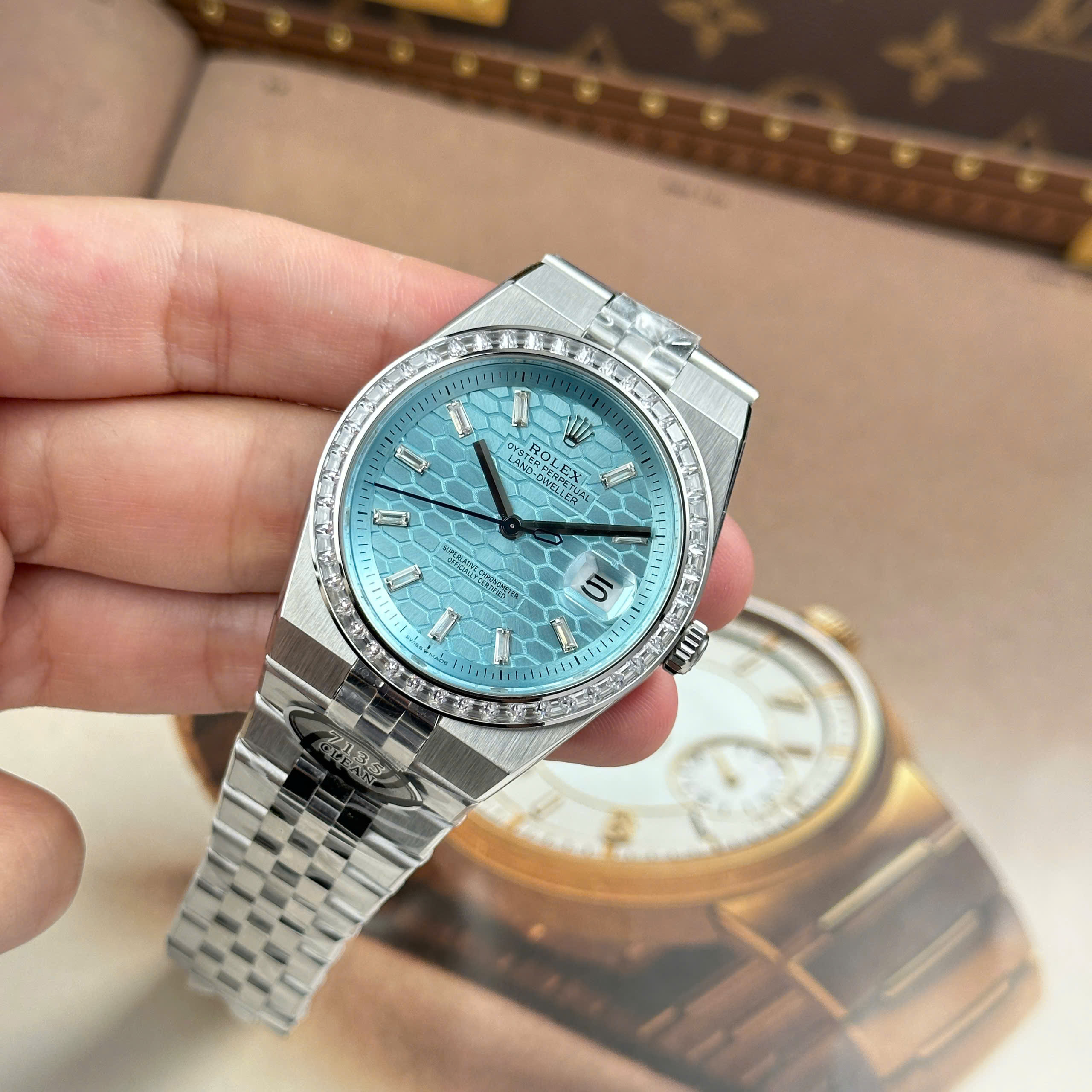 Rolex Land-Dweller Good Imitation Watch Ice Blue Dial Rhinestone Baguette Bezel Clean Factory 40mm (9)
