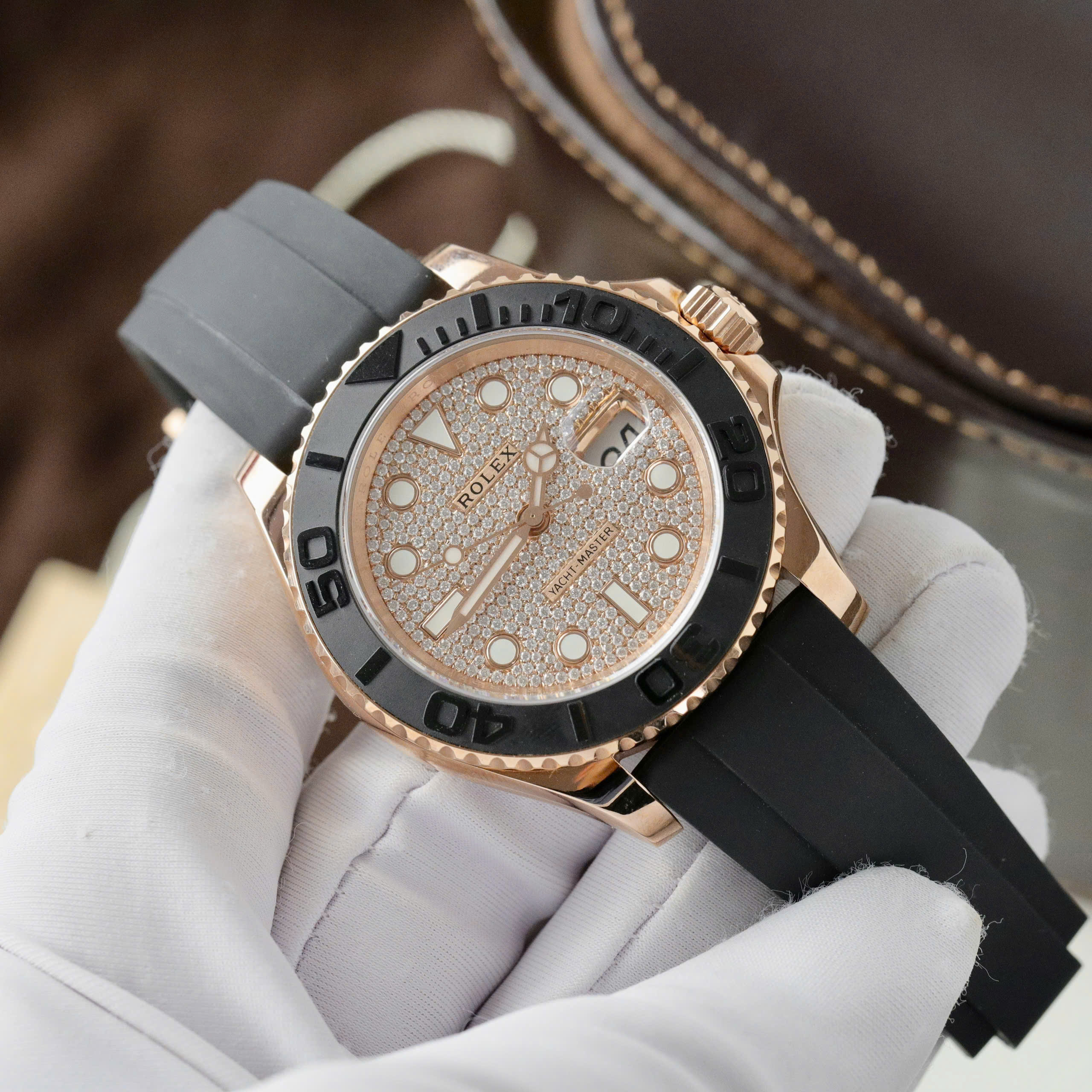 Rolex Yacht-Master V3 Luxury Imitation Watch Gold Wrapped 18K Diamond Moissanite Rubber Strap 40mm (7)