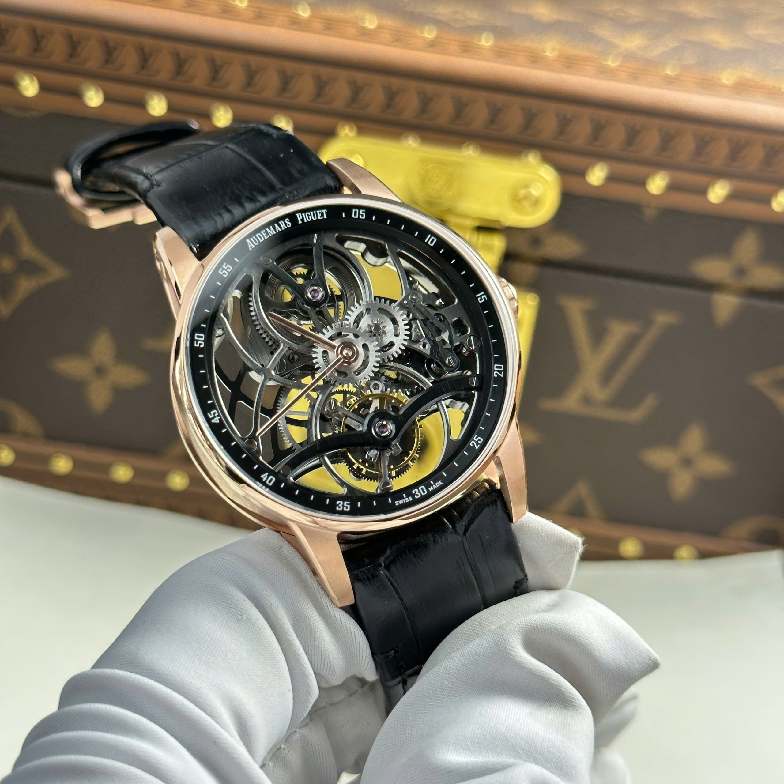 Audemars Piguet 26600 Tourbillon Openworked Good Imitation Watch Rose Gold Plate Black Dial Leather Strap 41mm (10)