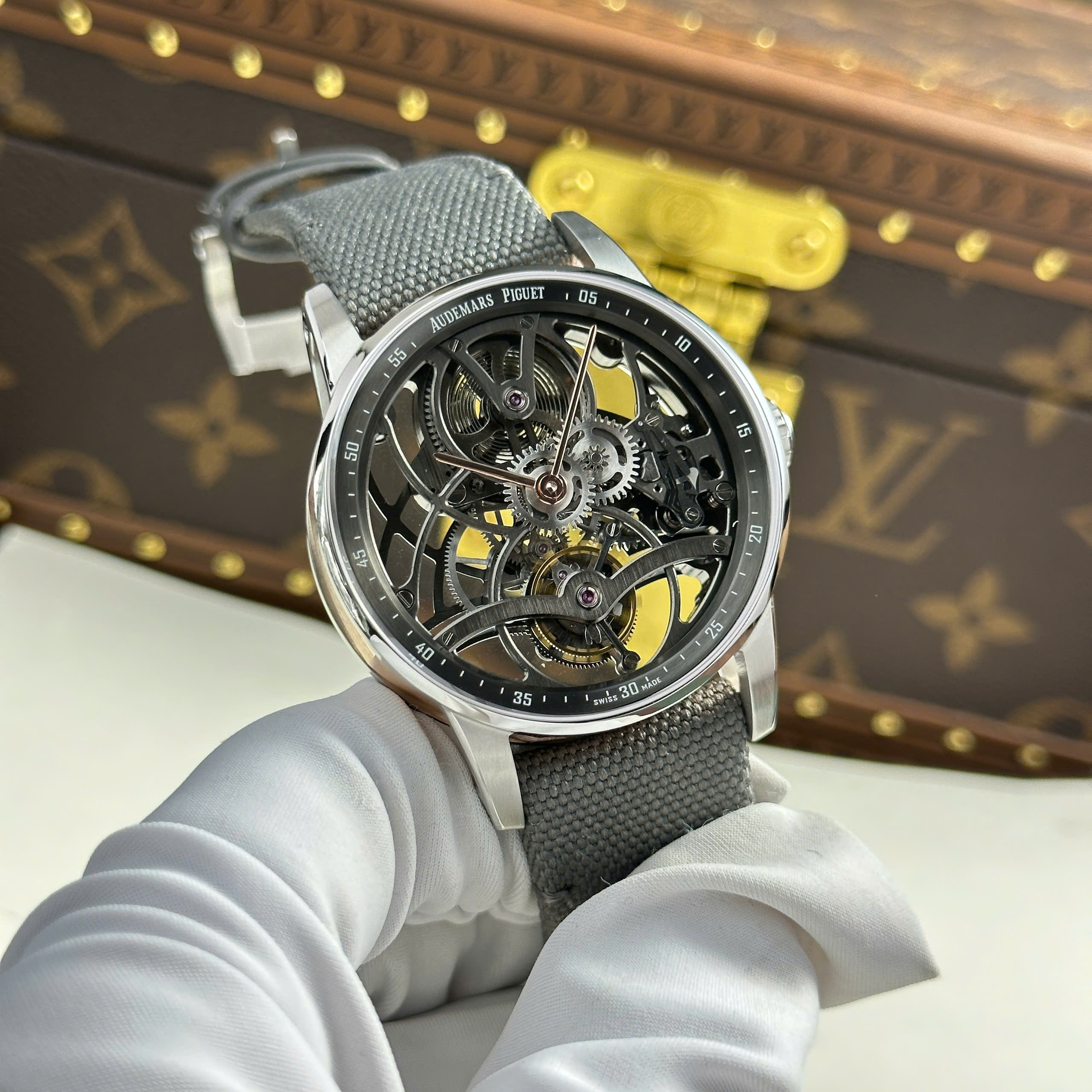 Audemars Piguet 26600 Tourbillon Openworked Replica Watch Grey Skeleton Dial Fabric Strap 41mm (10)
