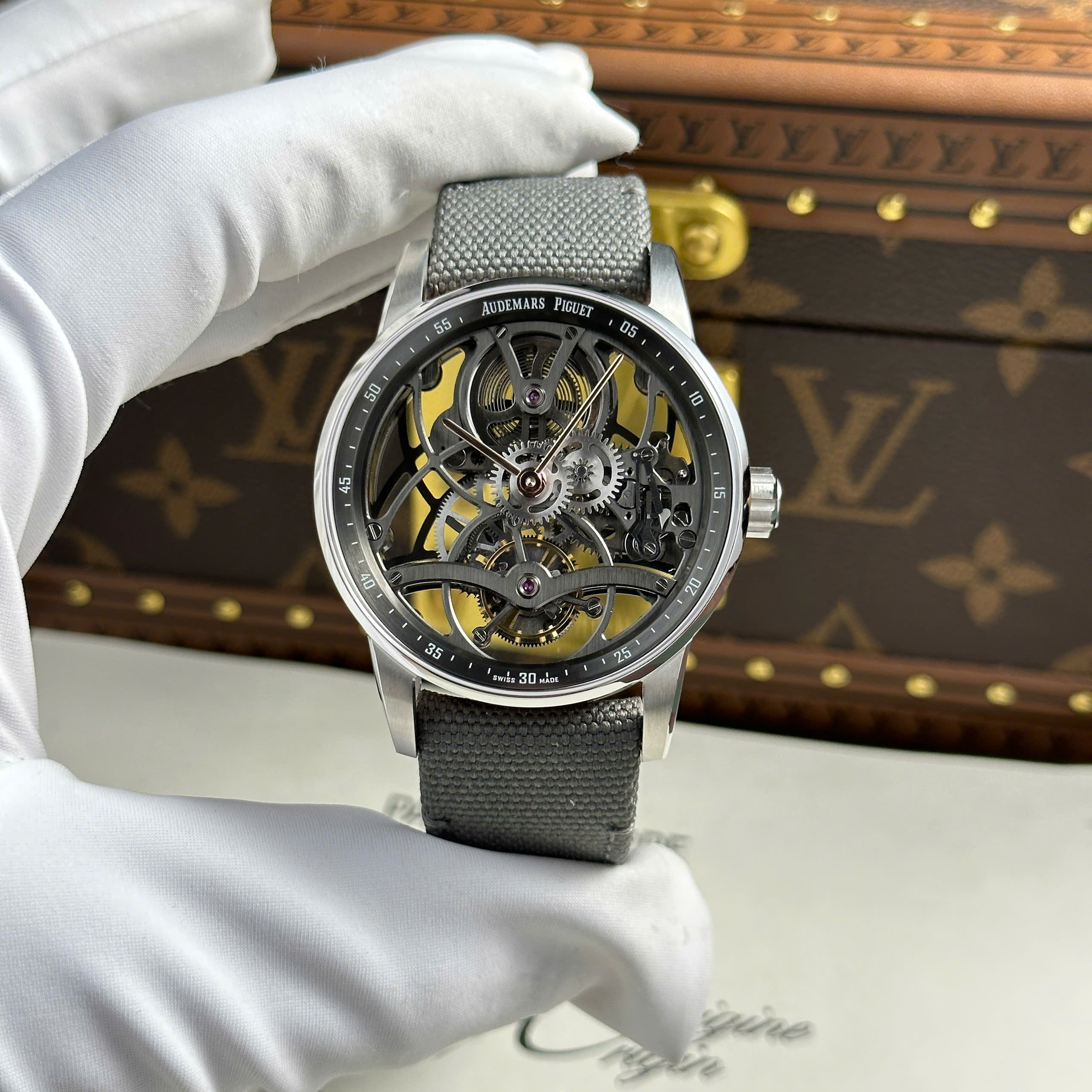 Audemars Piguet 26600 Tourbillon Openworked Replica Watch Grey Skeleton Dial Fabric Strap 41mm (11)
