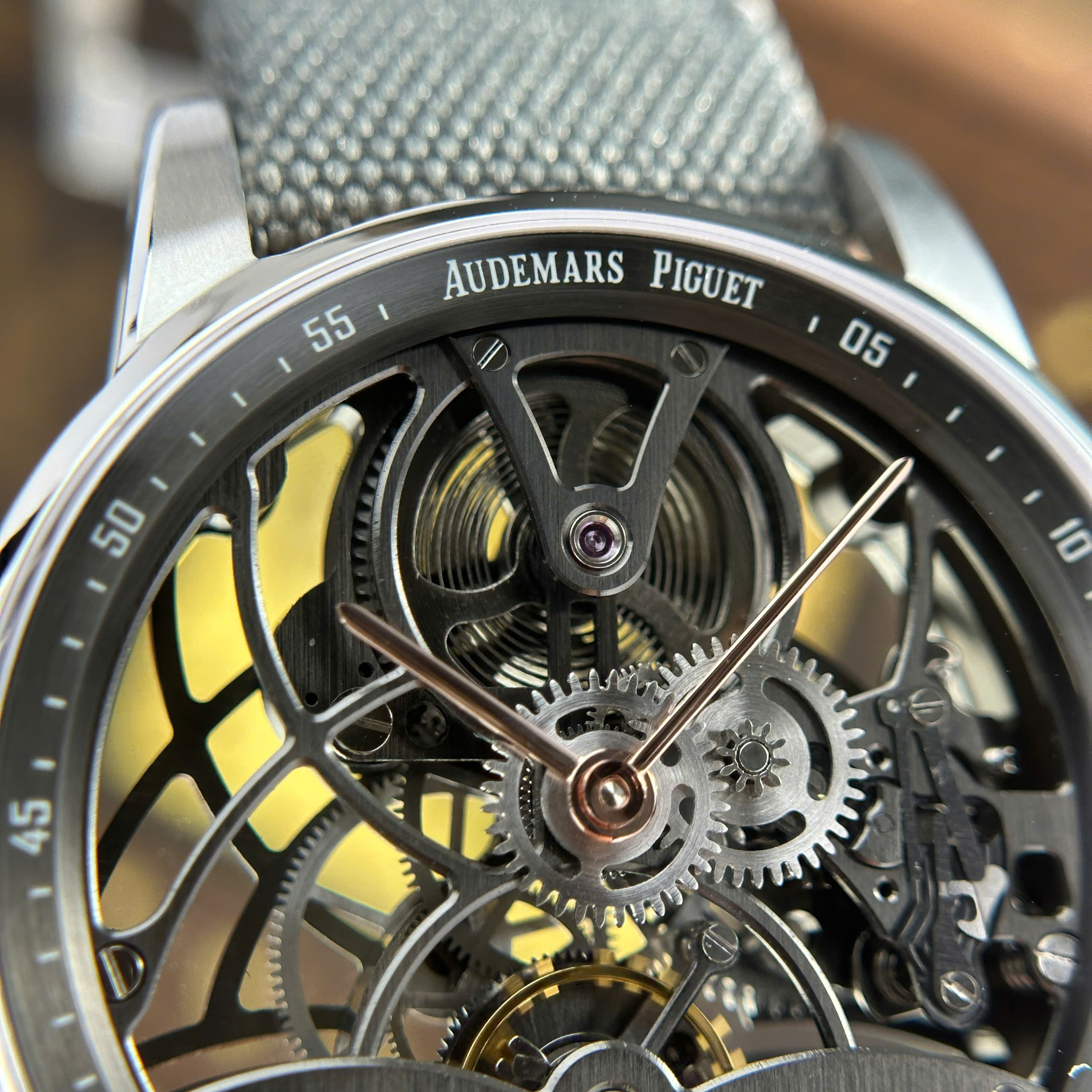 Audemars Piguet 26600 Tourbillon Openworked Replica Watch Grey Skeleton Dial Fabric Strap 41mm (7)