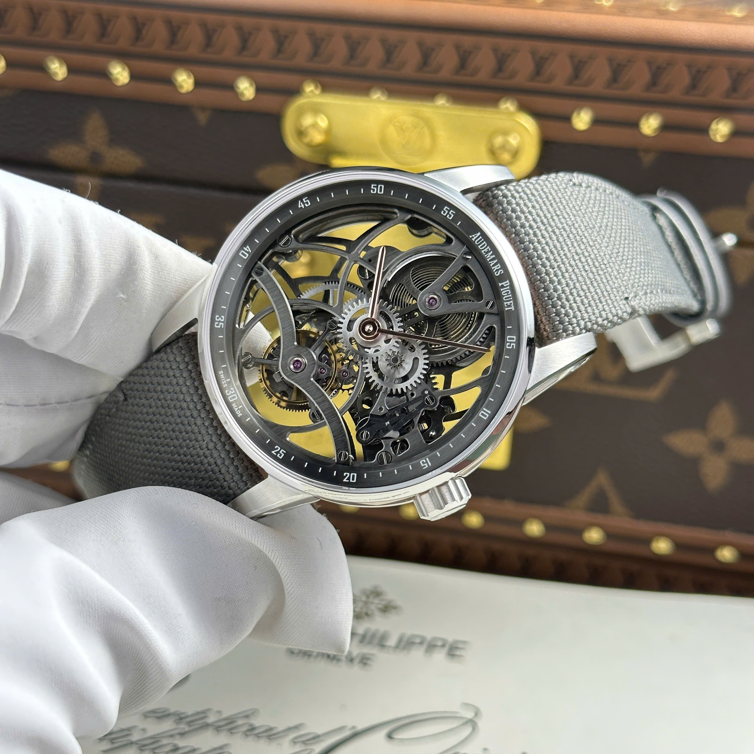 Audemars Piguet 26600 Tourbillon Openworked Replica Watch Grey Skeleton Dial Fabric Strap 41mm (9)