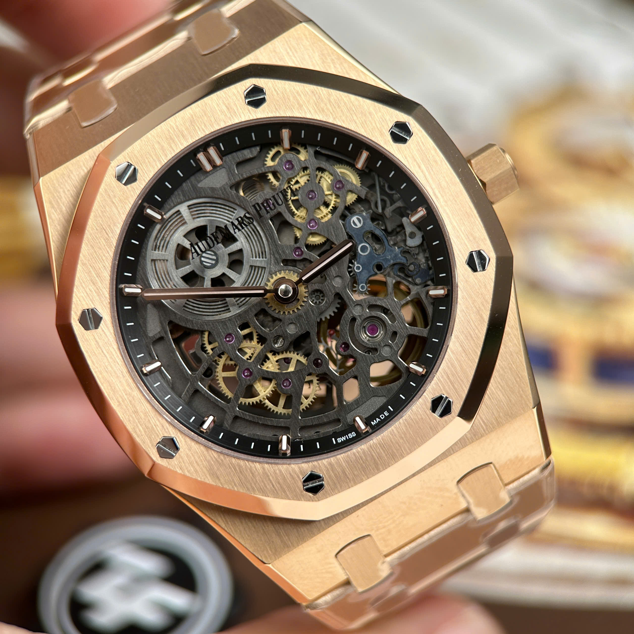 Audemars Piguet Imitation Watch Royal Oak Jumbo Extra-thin Openworked 16204 Rose Gold Plate Black Skeleton Dial ZF Factory 39mm (11)