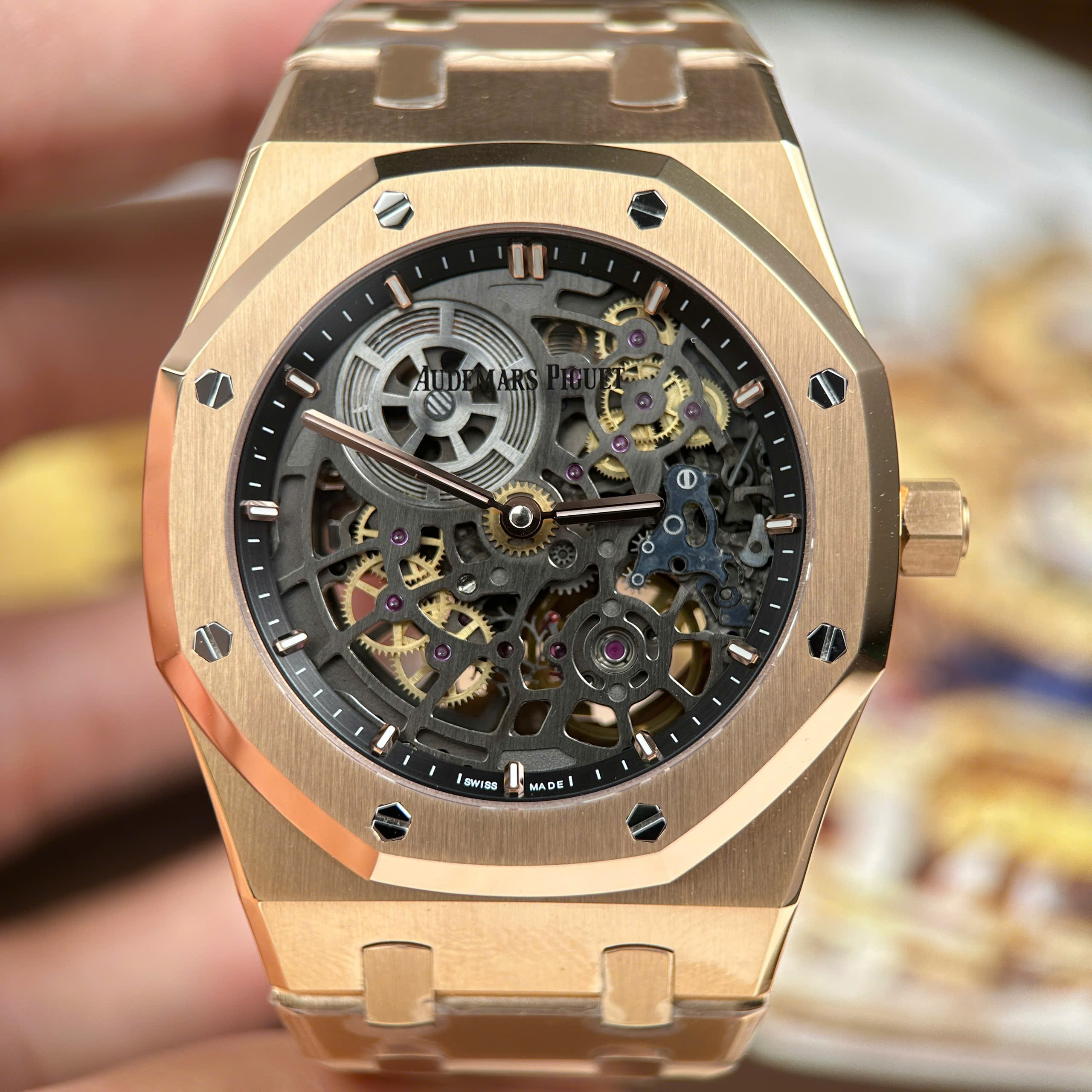 Audemars Piguet Imitation Watch Royal Oak Jumbo Extra-thin Openworked 16204 Rose Gold Plate Black Skeleton Dial ZF Factory 39mm (12)