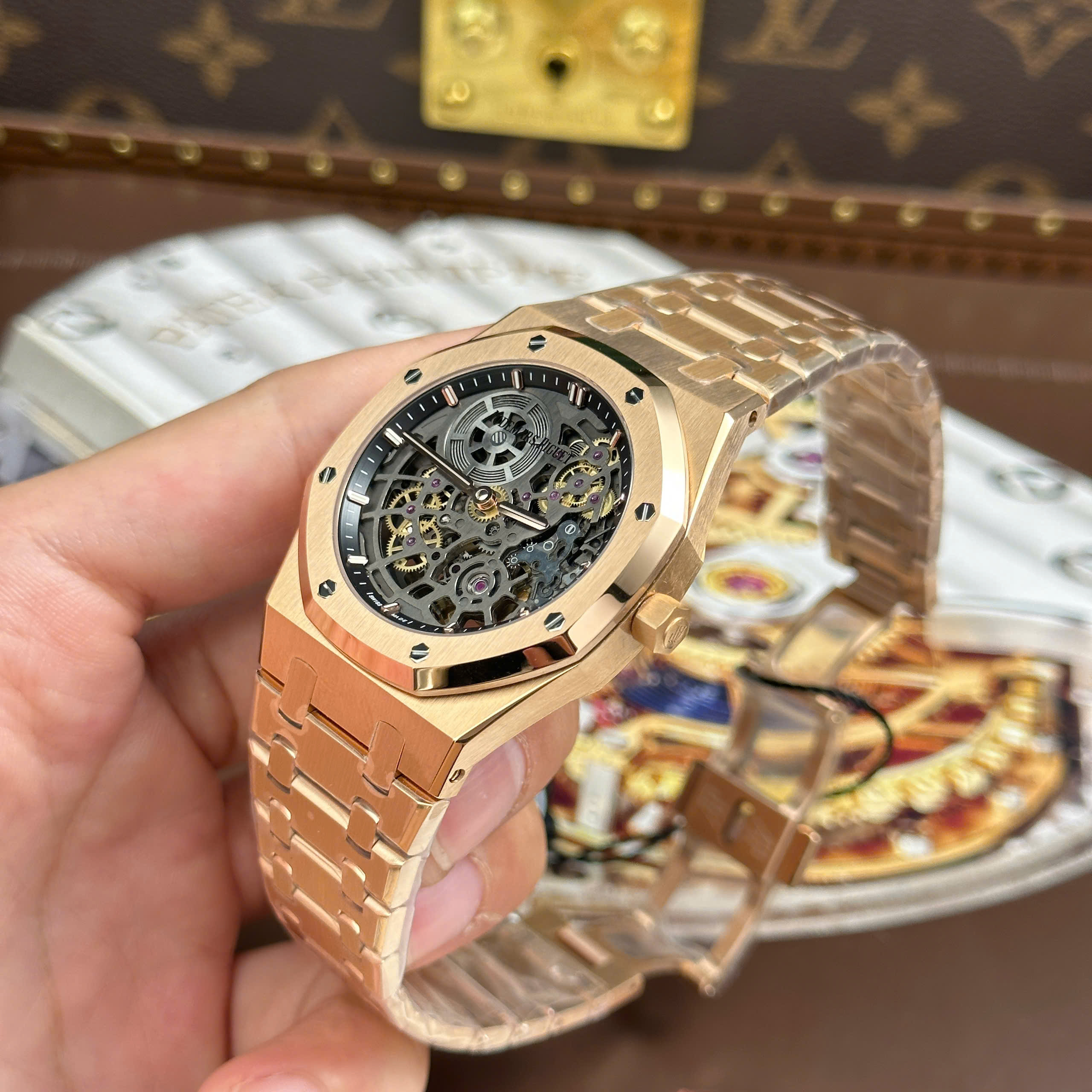 Audemars Piguet Imitation Watch Royal Oak Jumbo Extra-thin Openworked 16204 Rose Gold Plate Black Skeleton Dial ZF Factory 39mm (13)