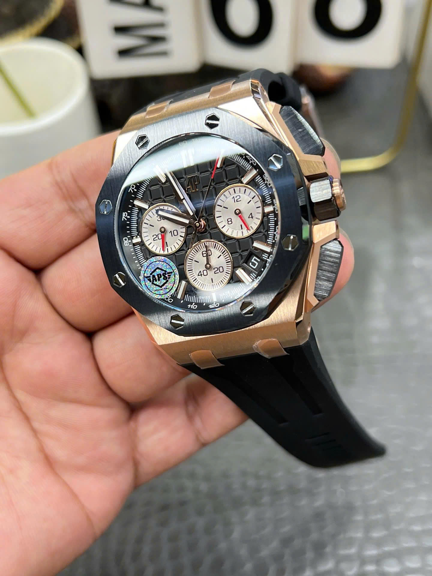 Audemars Piguet Royal Oak Offshore Imitation Watch Chronograph 262420 Rose Gold Plate Black Dial APS Factory 43mm (8)