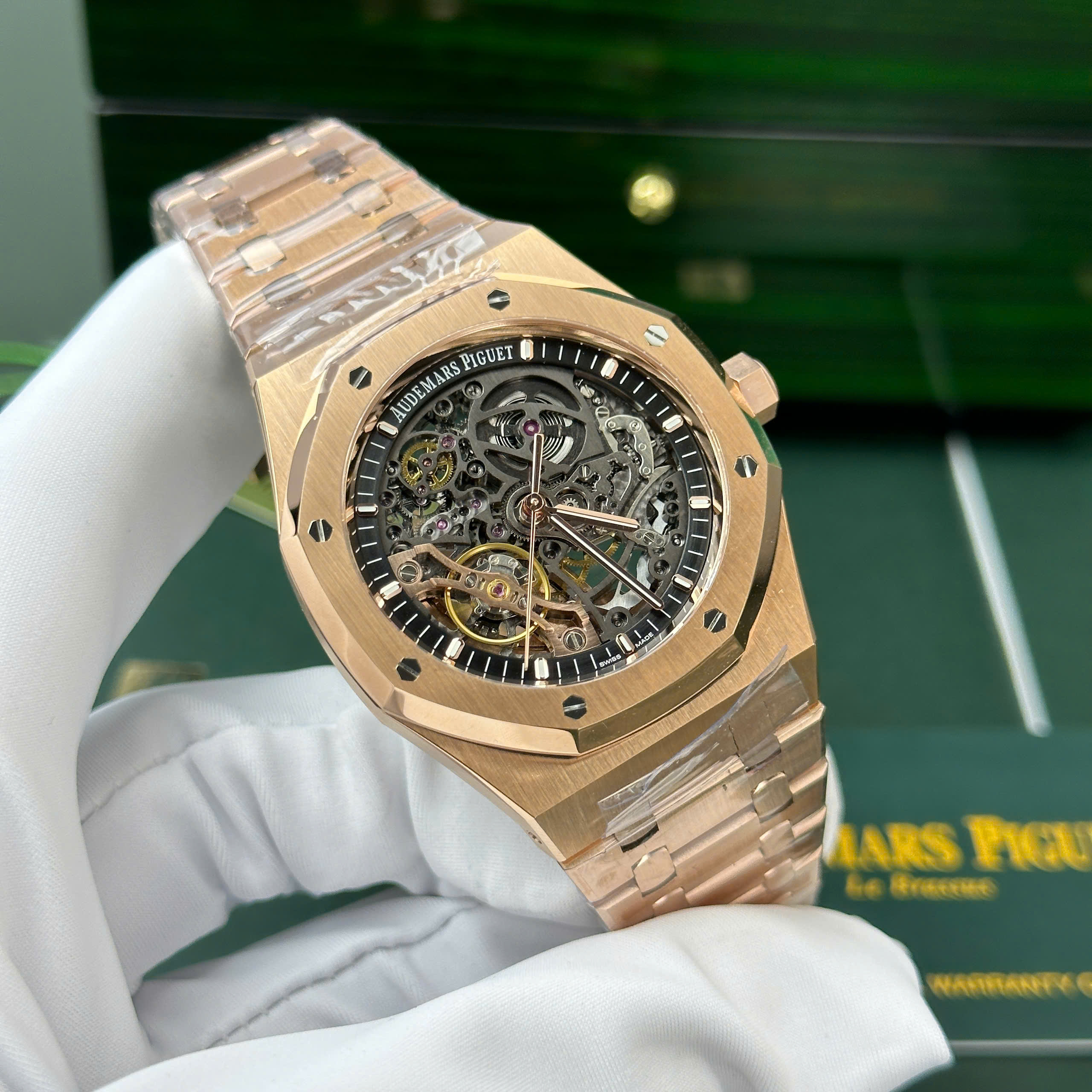 Audemars Piguet Royal Oak Openworked 15407 Replica Watch Rose Gold Plate Black Skeleton Dial 41mm (11)