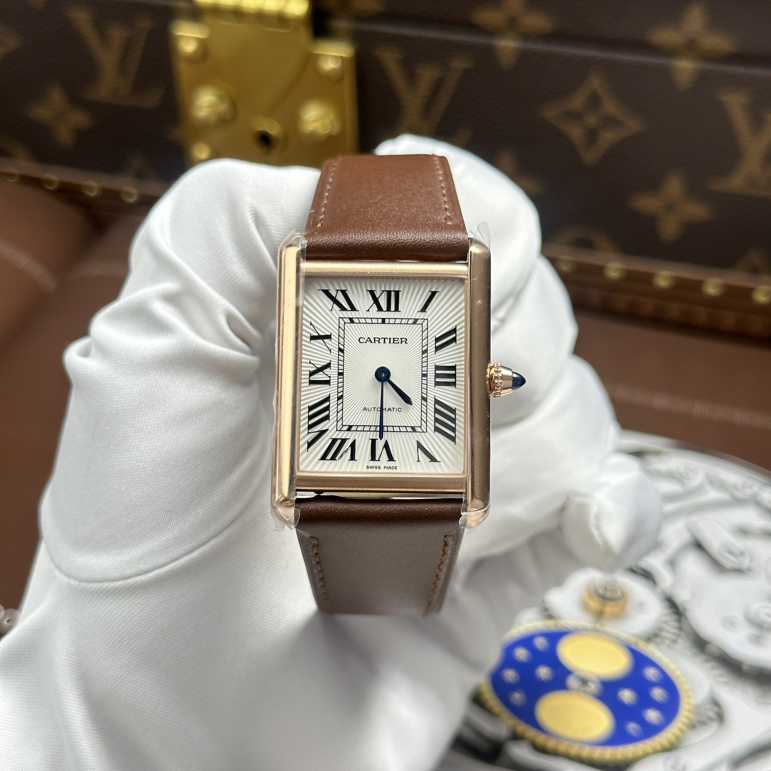 Cartier Tank Louis LV Imitation Watch Rose Gold Plate White Dial Brown Leather Strap 27.8 x 38 (10)