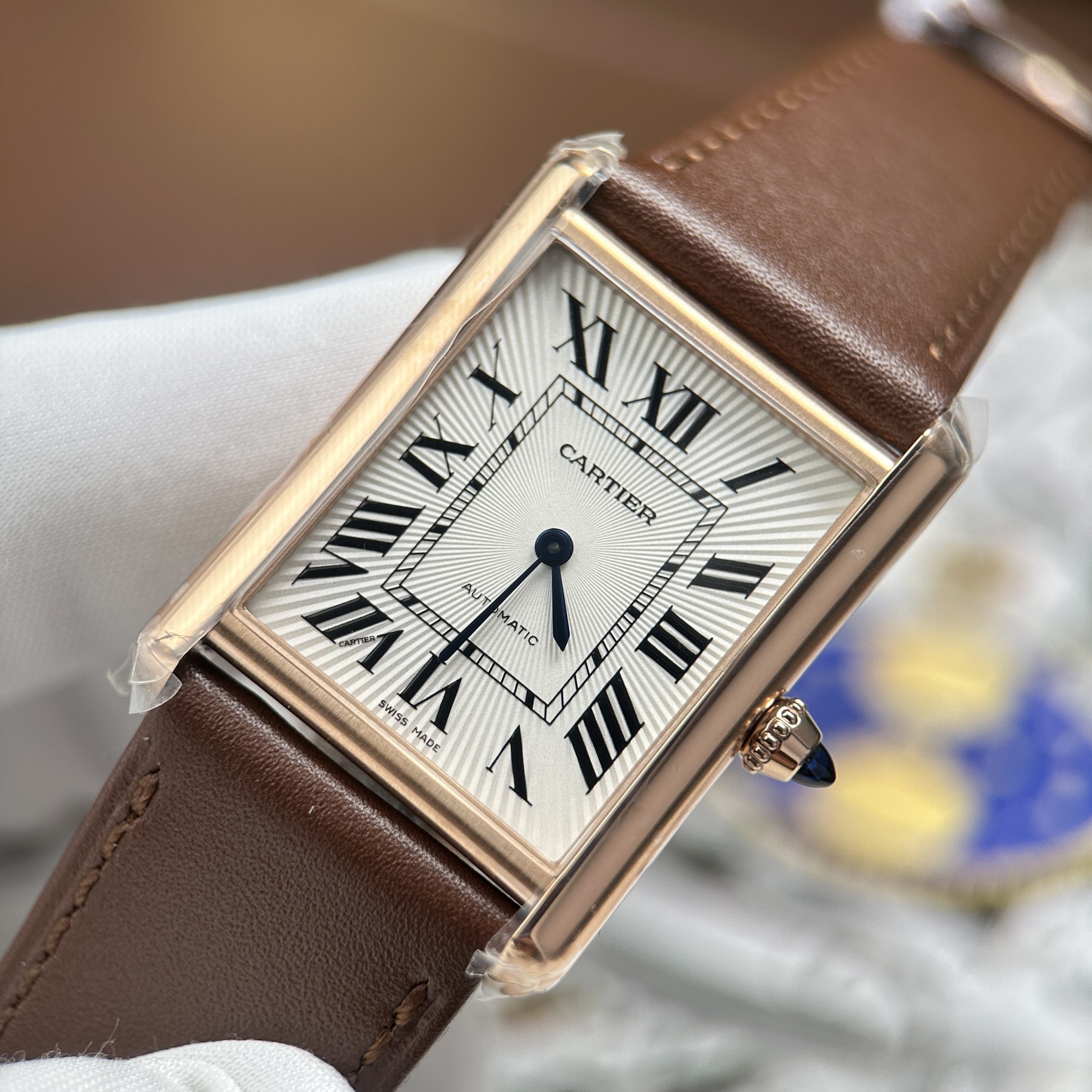 Cartier Tank Louis LV Imitation Watch Rose Gold Plate White Dial Brown Leather Strap 27.8 x 38 (5)