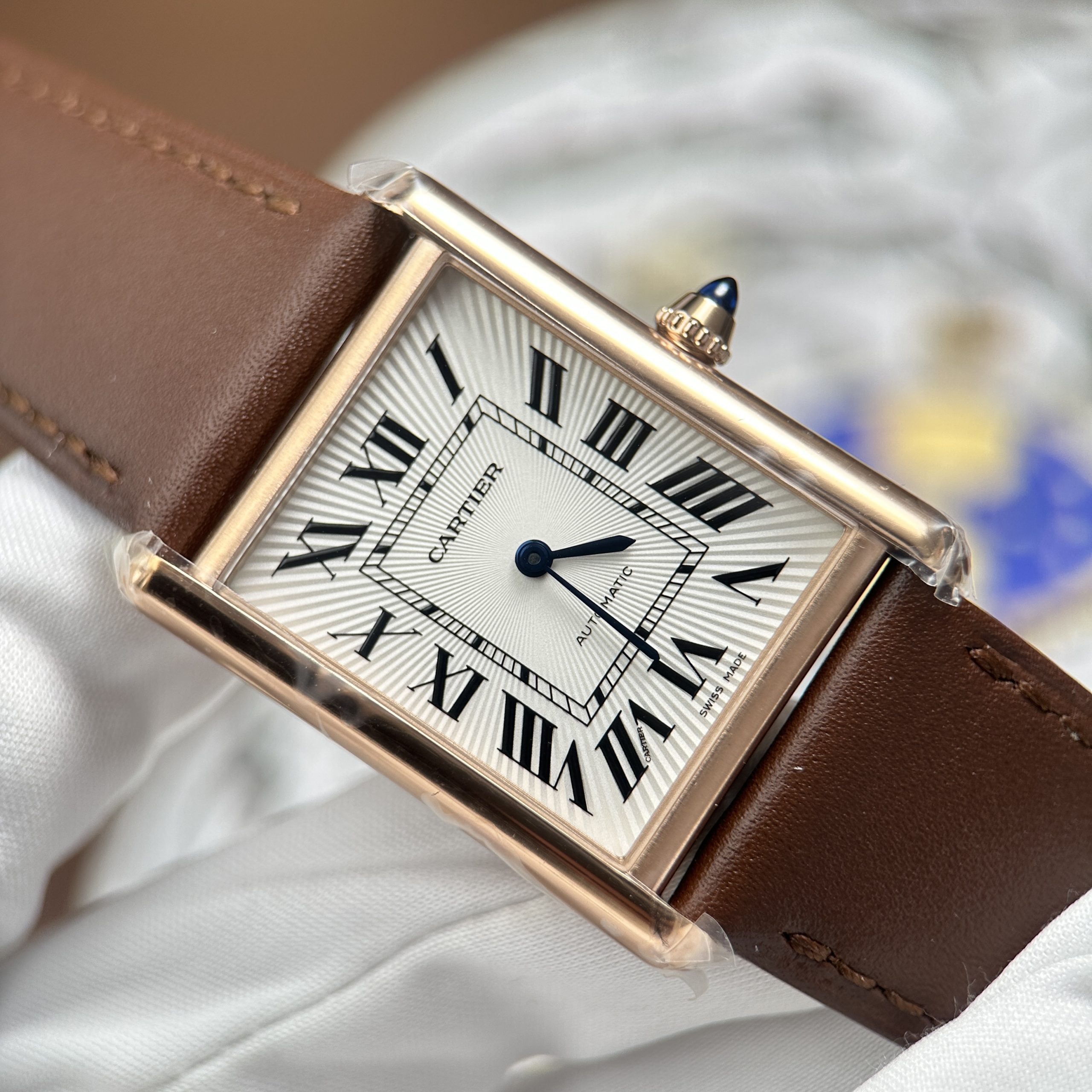 Cartier Tank Louis LV Imitation Watch Rose Gold Plate White Dial Brown Leather Strap 27.8 x 38 (6)