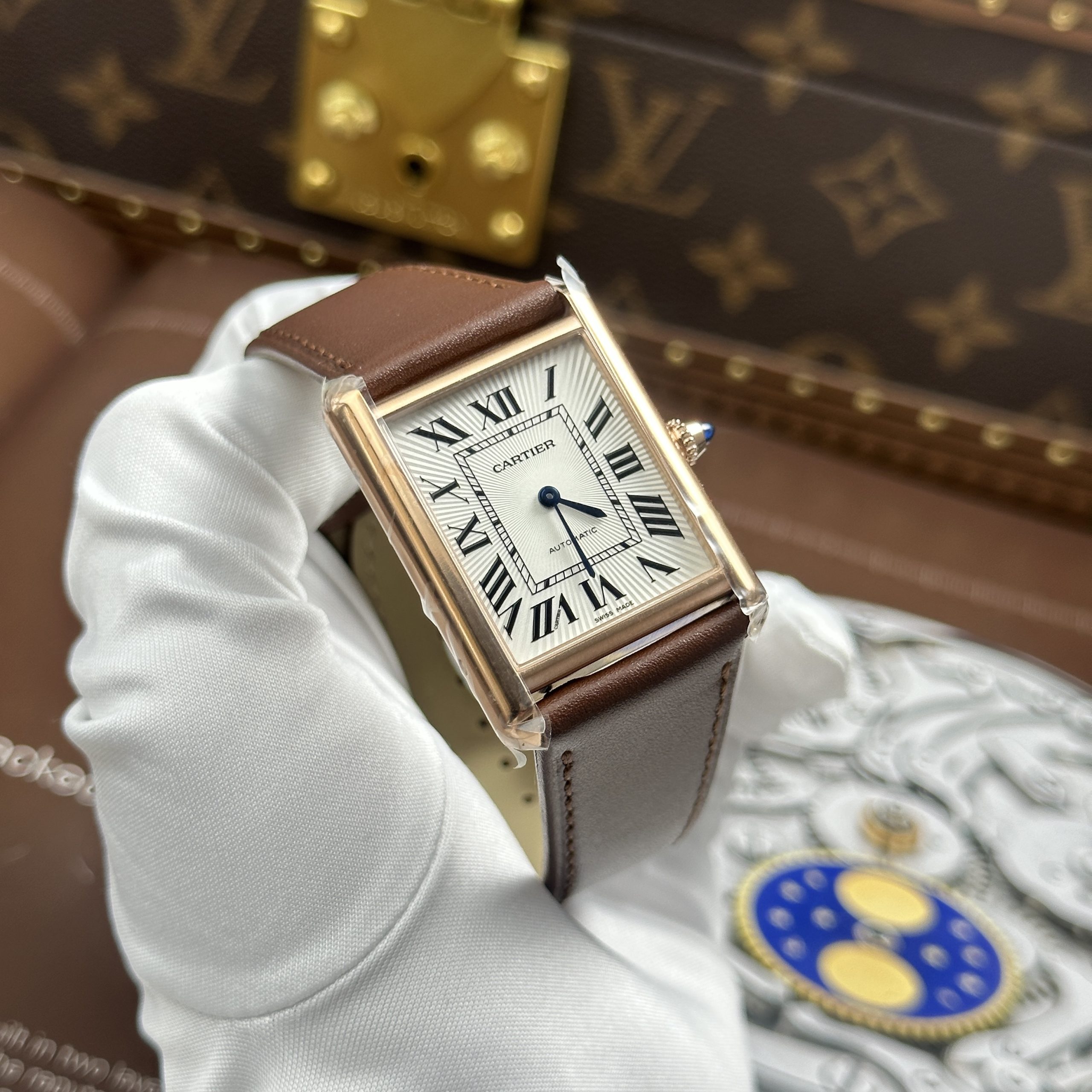Cartier Tank Louis LV Imitation Watch Rose Gold Plate White Dial Brown Leather Strap 27.8 x 38 (8)