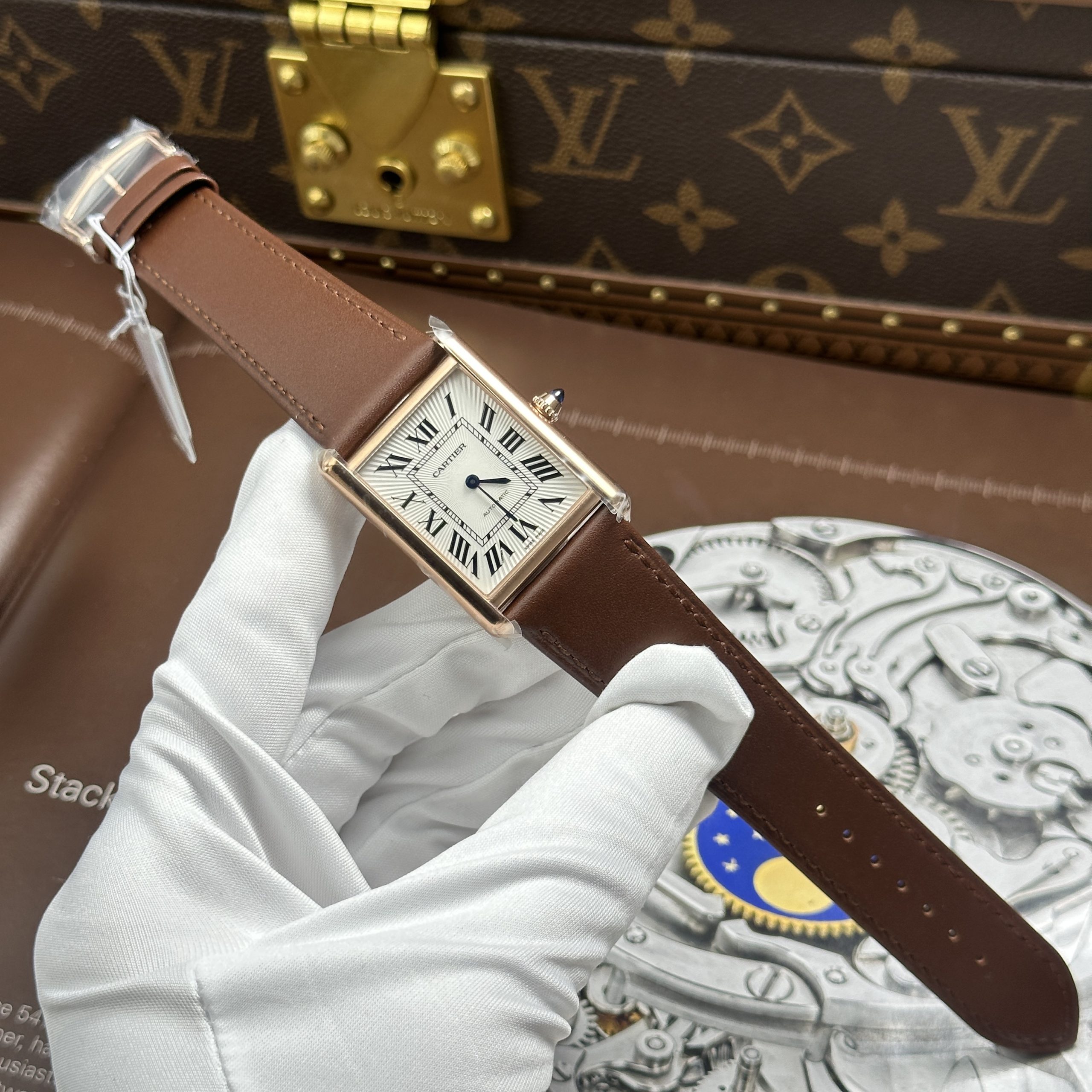 Cartier Tank Louis LV Imitation Watch Rose Gold Plate White Dial Brown Leather Strap 27.8 x 38 (9)
