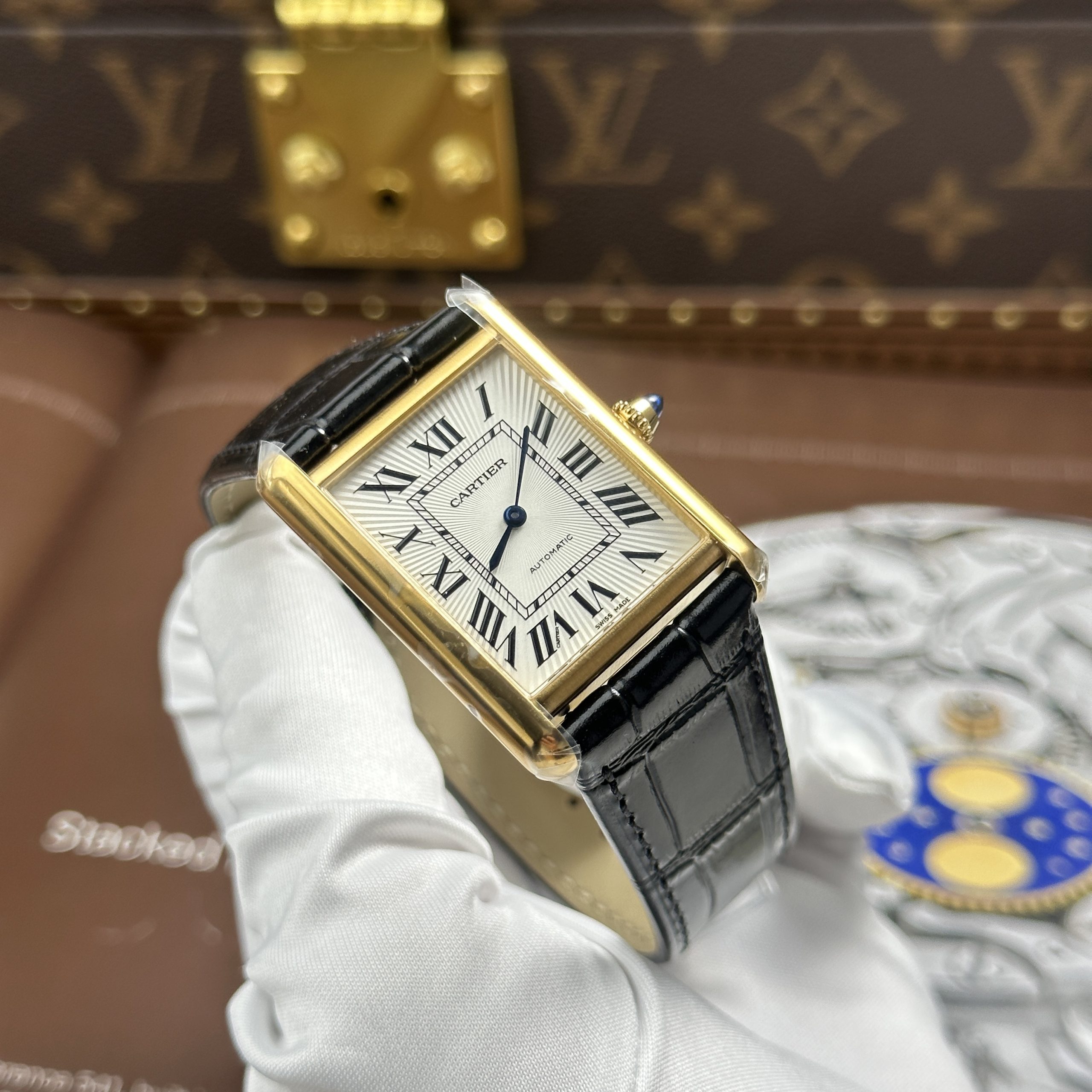 Cartier Tank Louis XL Best Quality Replica Watch Gold Plate White Dial Automatic Leather Strap 27.8 x 38 (8)