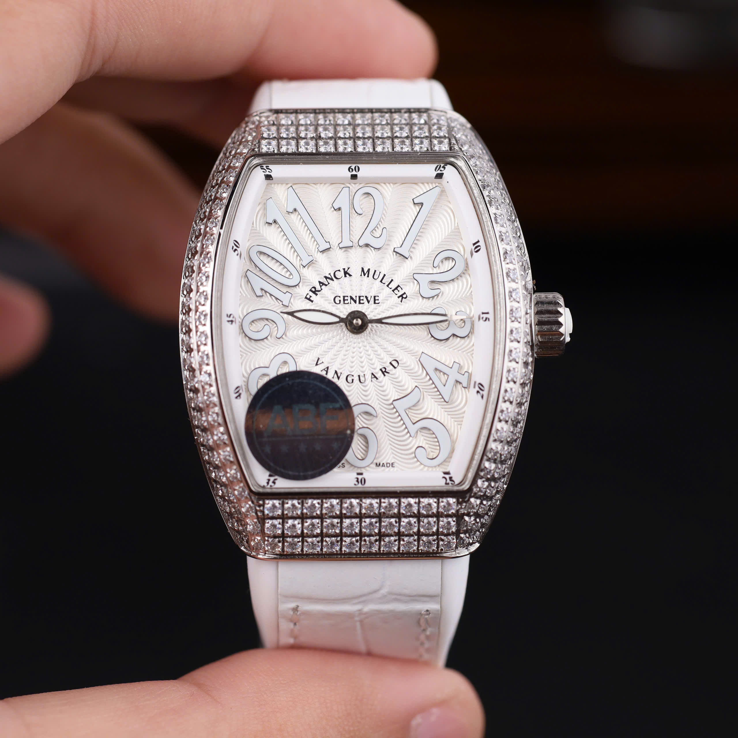 Franck Muller V32 Best Replica Watch White Dial Rhinestone Case Rubber Strap ABF Factory 36mm (1)