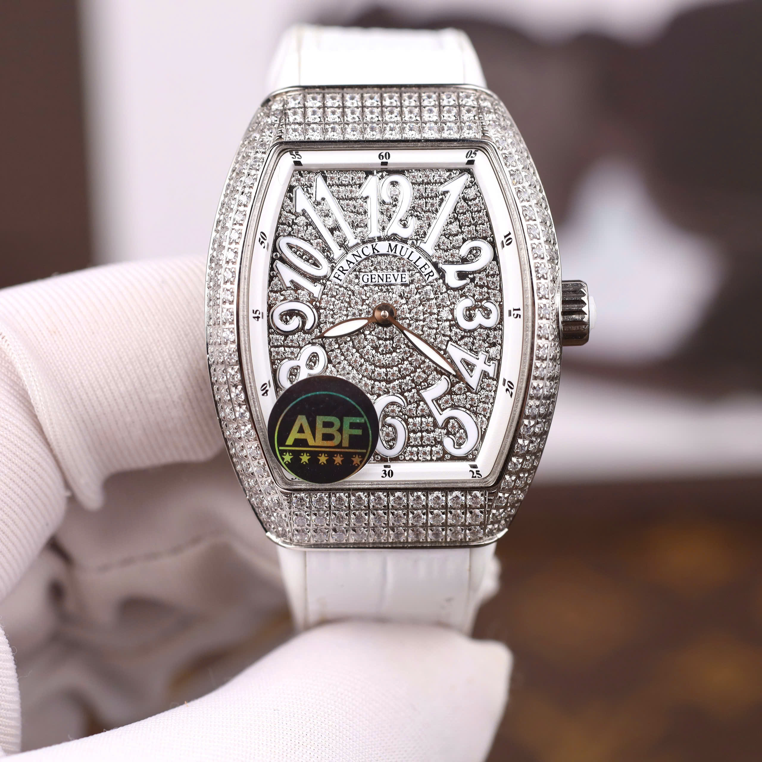Franck Muller V32 Imitation Watch White Rhinestone Dial Rubber Strap ABF Factory 36mm (1)