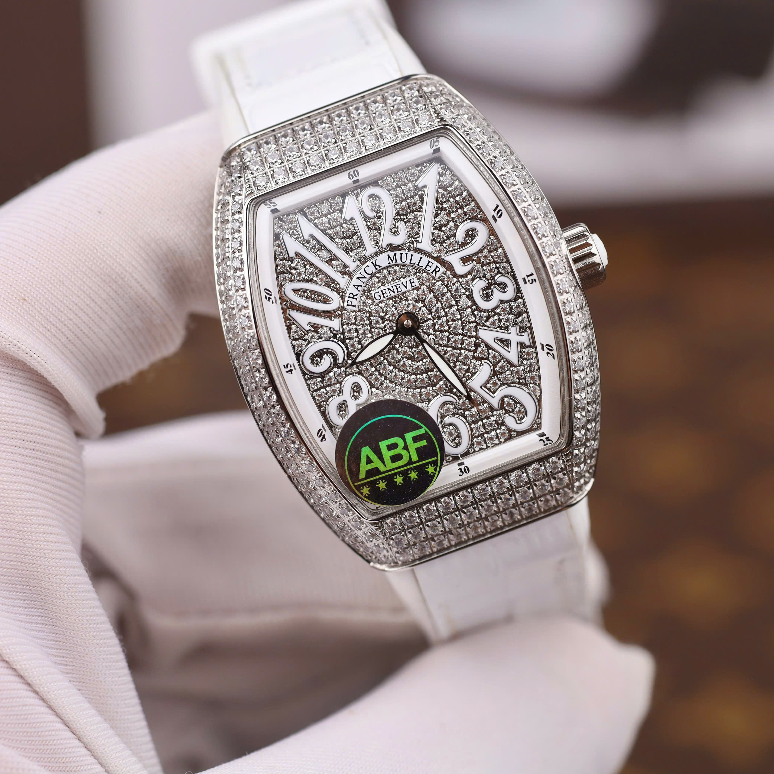Franck Muller V32 Imitation Watch White Rhinestone Dial Rubber Strap ABF Factory 36mm (11)