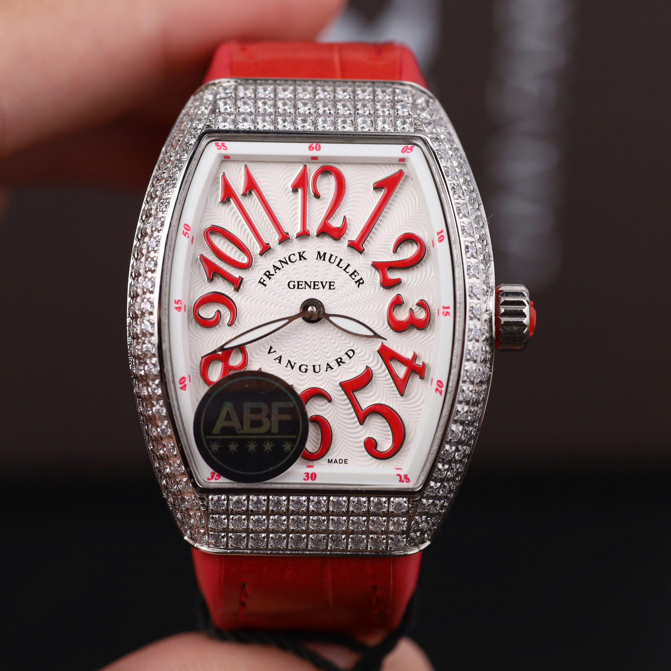 Franck Muller V32 Knock Off Watch Red Dial Rhinestone Case Rubber Strap ABF Factory 36mm (1)