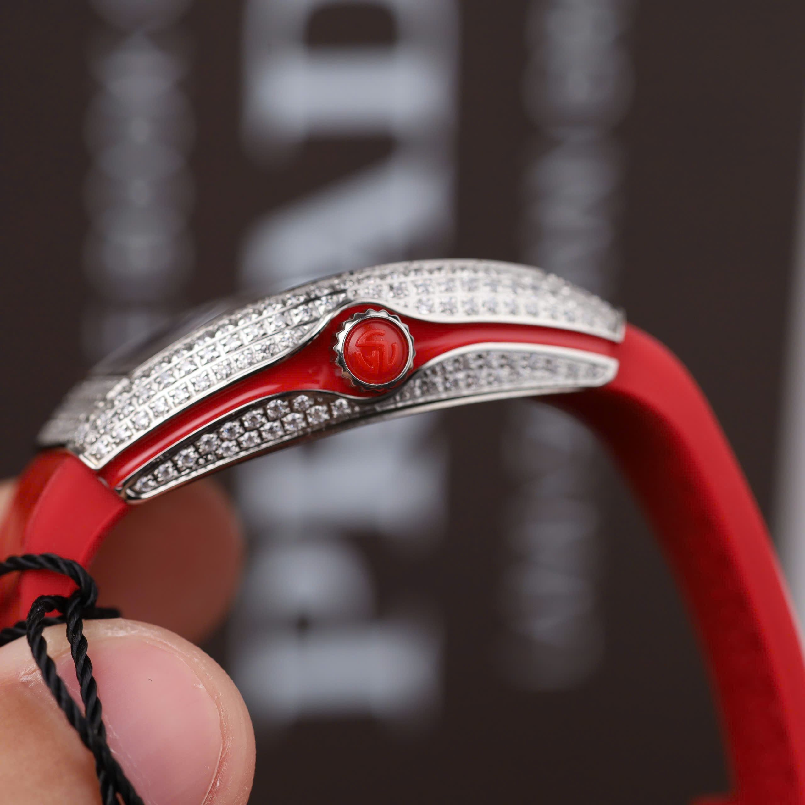 Franck Muller V32 Knock Off Watch Red Dial Rhinestone Case Rubber Strap ABF Factory 36mm (4)