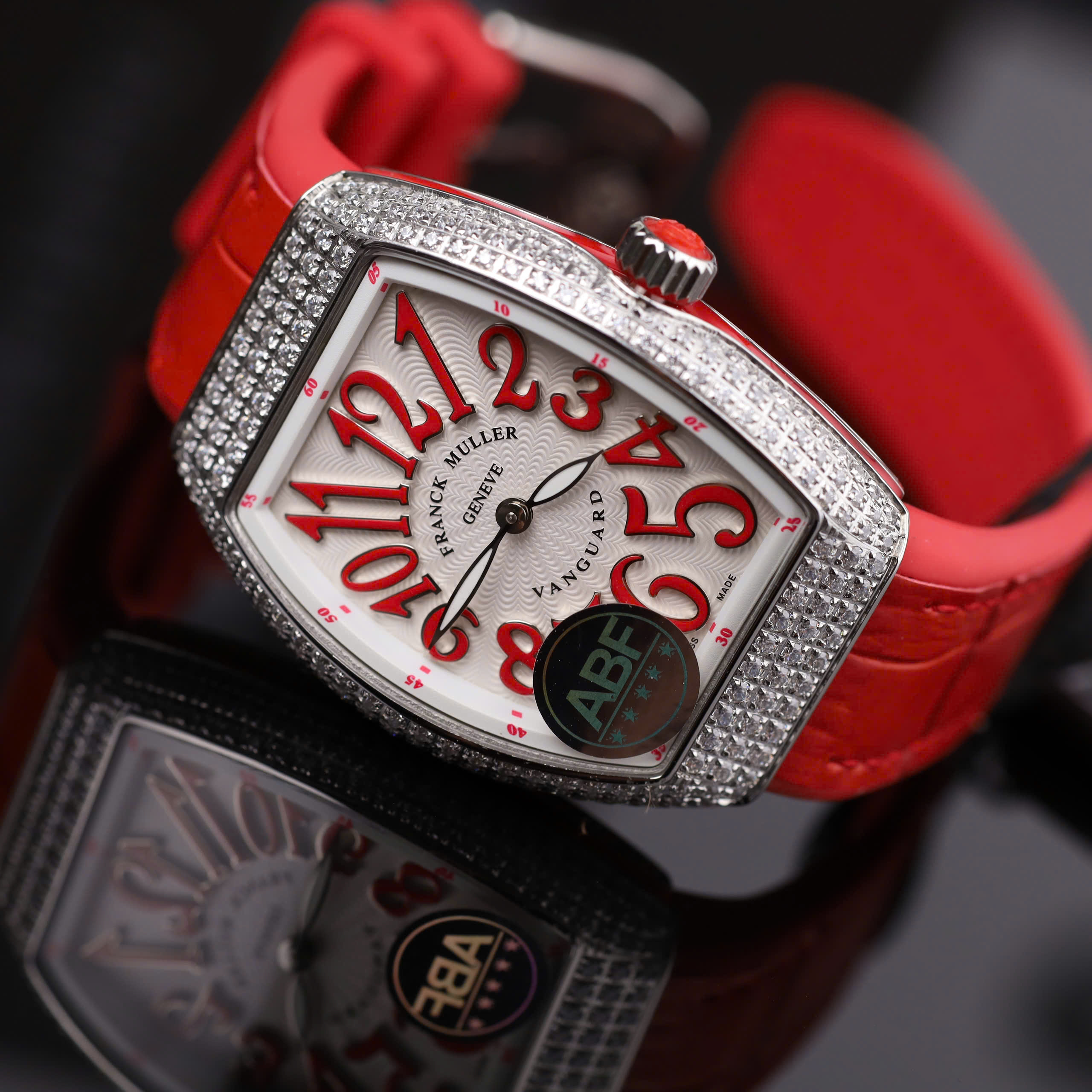 Franck Muller V32 Knock Off Watch Red Dial Rhinestone Case Rubber Strap ABF Factory 36mm (6)