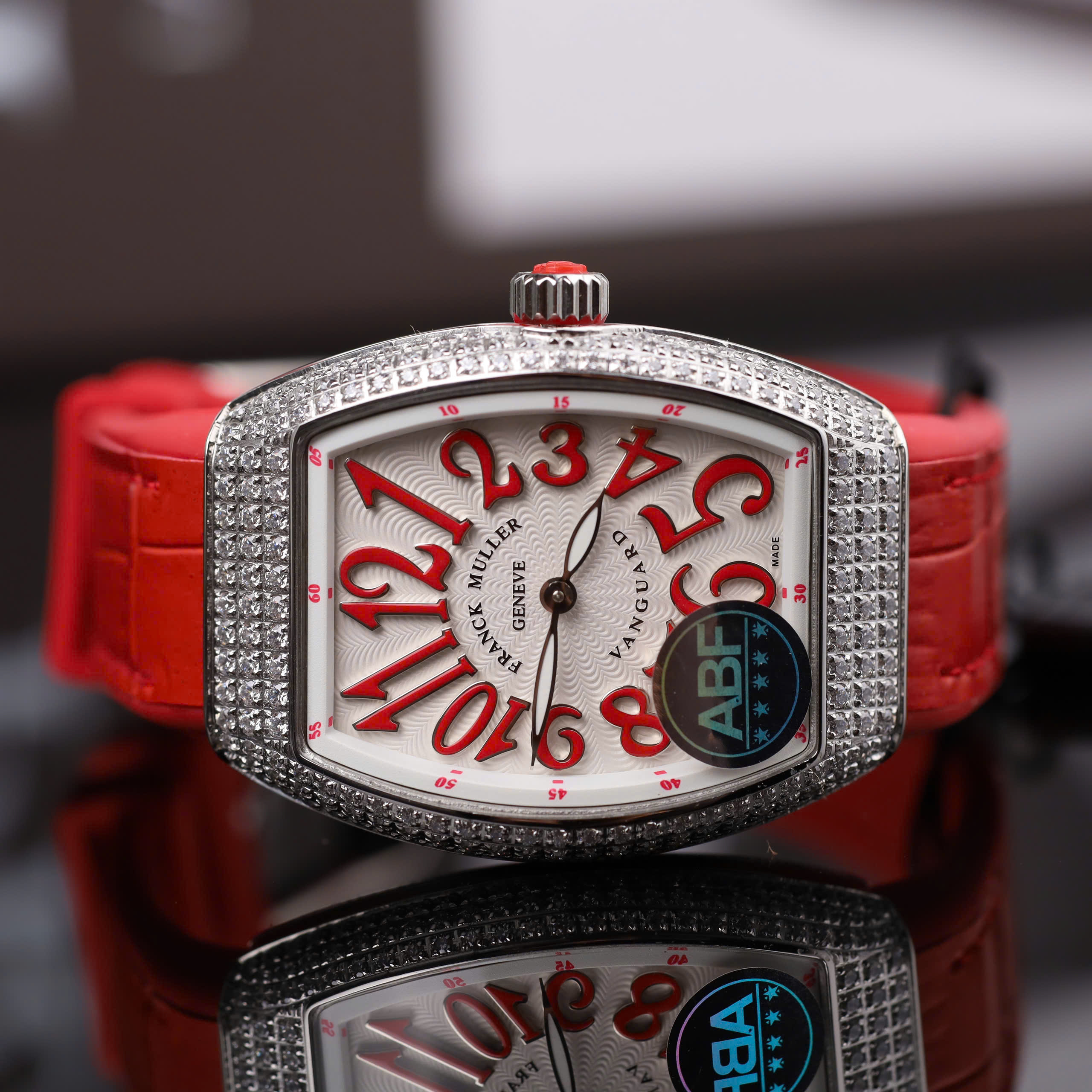 Franck Muller V32 Knock Off Watch Red Dial Rhinestone Case Rubber Strap ABF Factory 36mm (7)