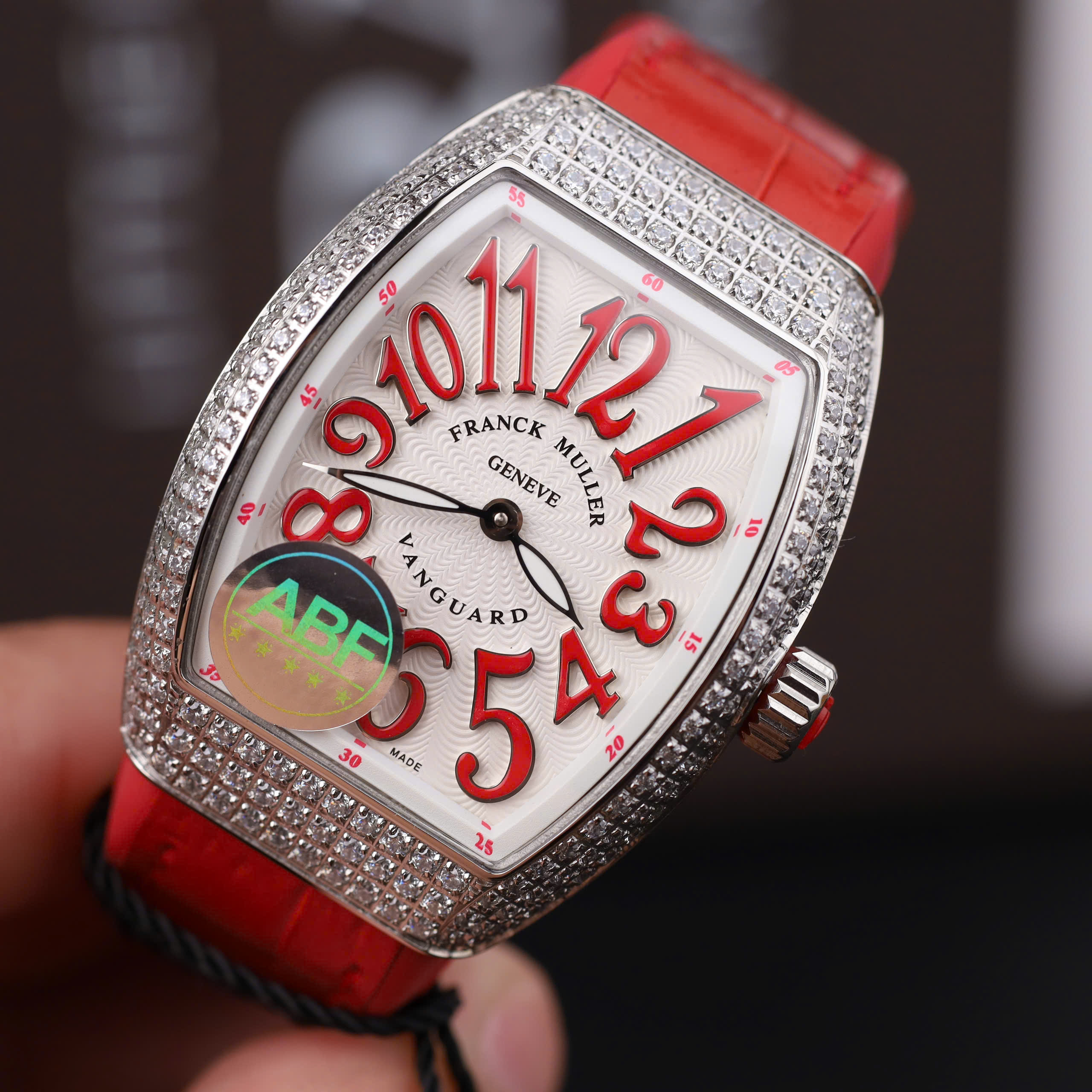 Franck Muller V32 Knock Off Watch Red Dial Rhinestone Case Rubber Strap ABF Factory 36mm (8)