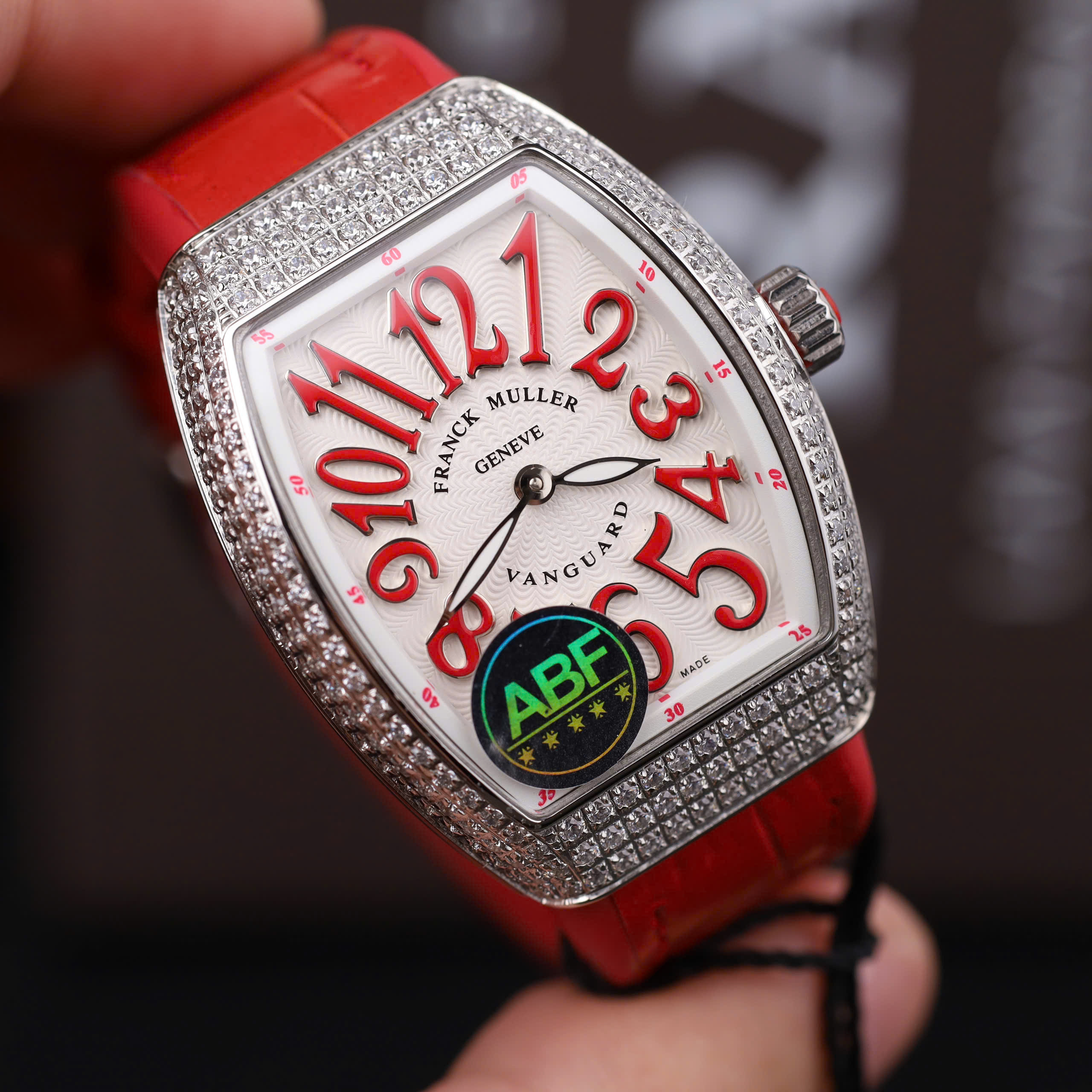 Franck Muller V32 Knock Off Watch Red Dial Rhinestone Case Rubber Strap ABF Factory 36mm (9)