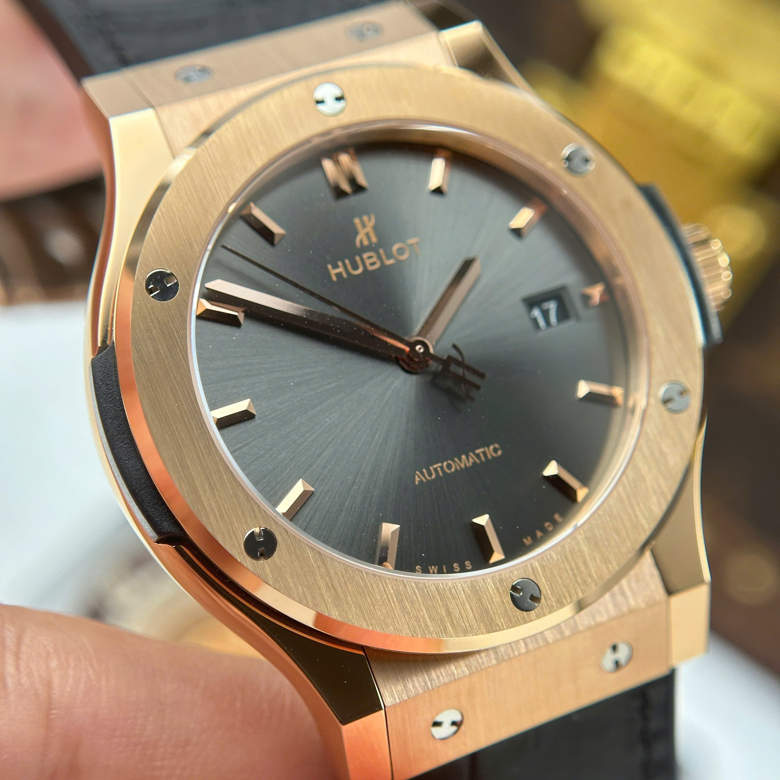 Hublot Classic Fusion King Gold Knock Off Watch Rose Gold Plate Grey Dial Rubber Strap JJZ Factory 42mm (7)