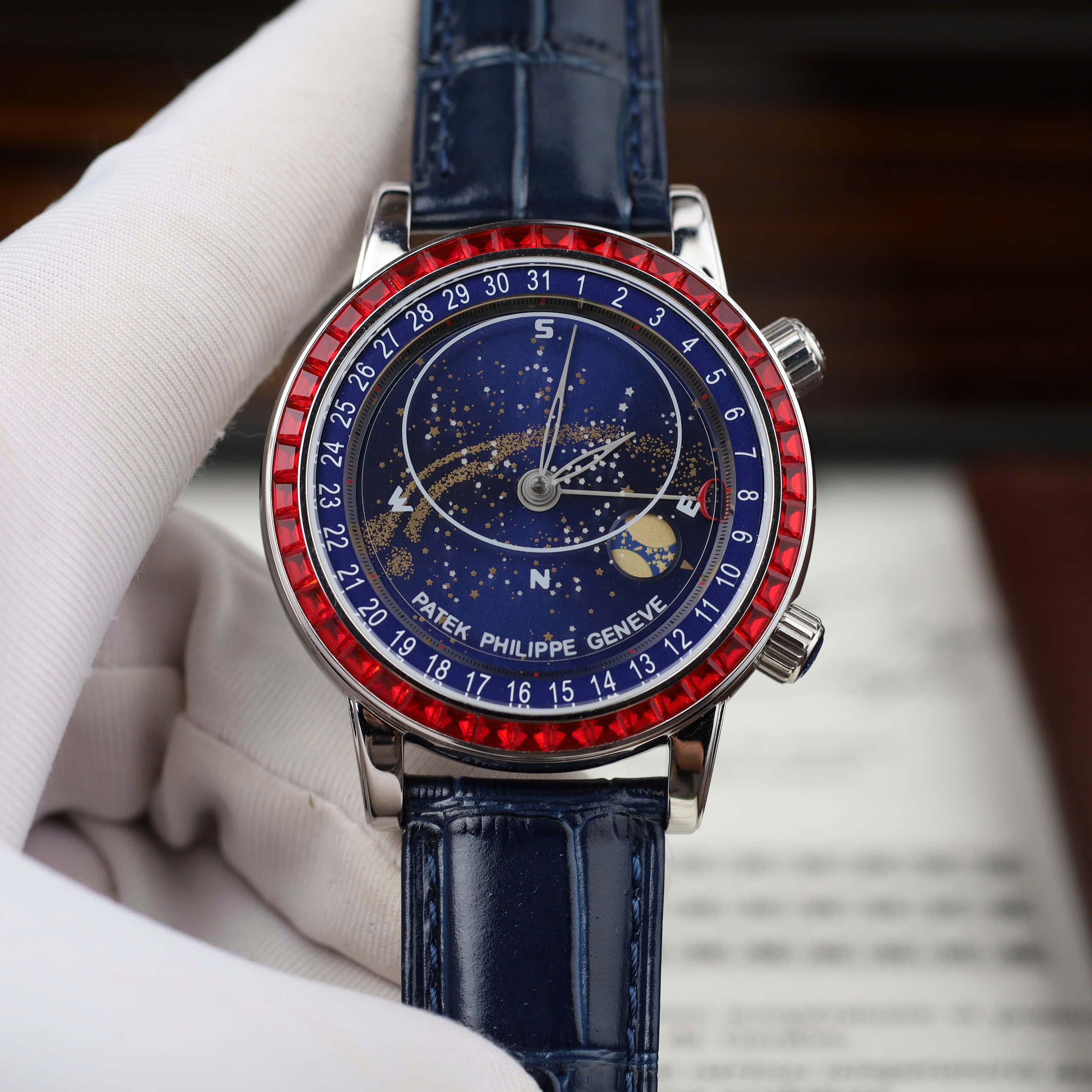 Patek Philippe Complications 6104G Knock Off Watch Blue Dial Sky Moon Ruby On Bezel 40mm (1)