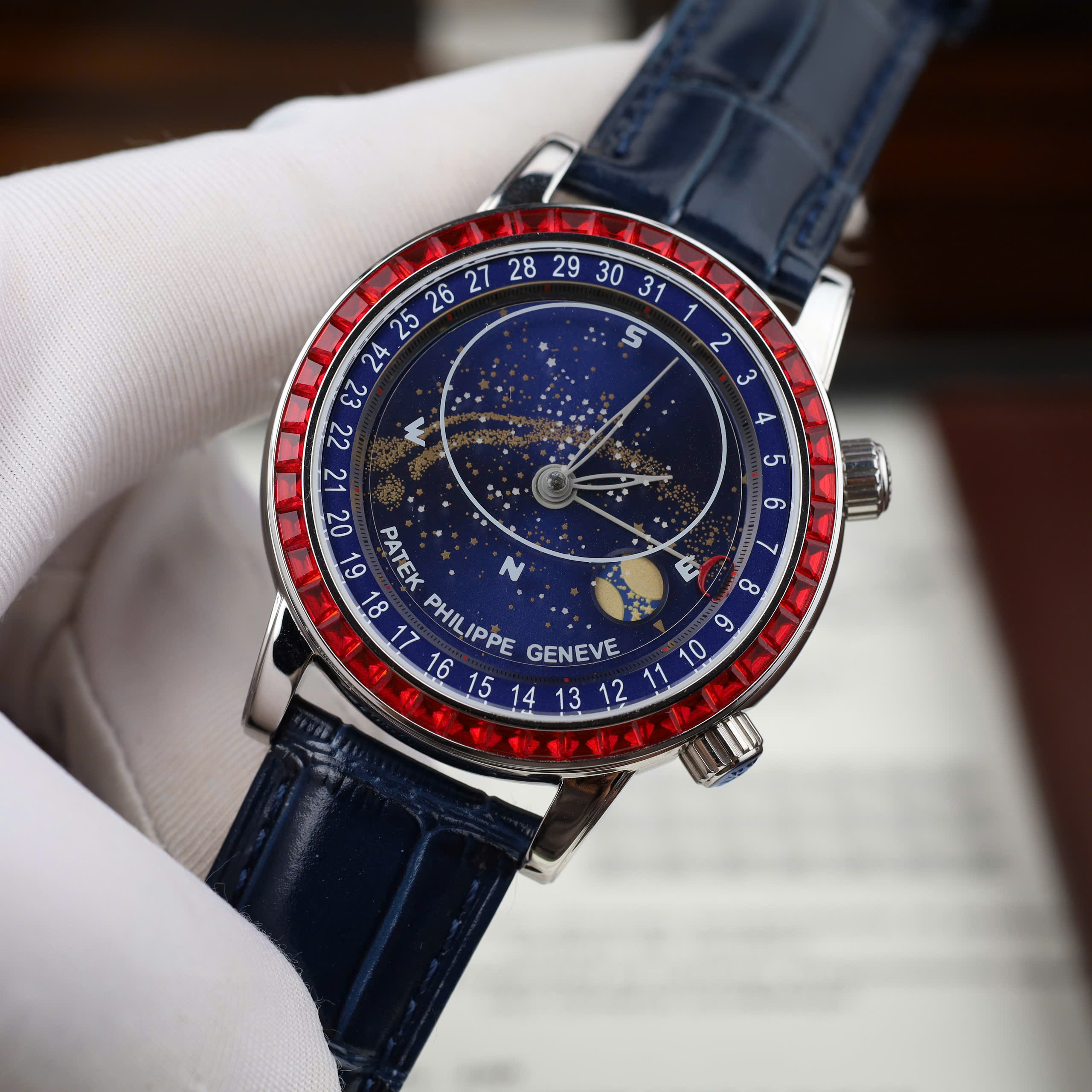 Patek Philippe Complications 6104G Knock Off Watch Blue Dial Sky Moon Ruby On Bezel 40mm (10)