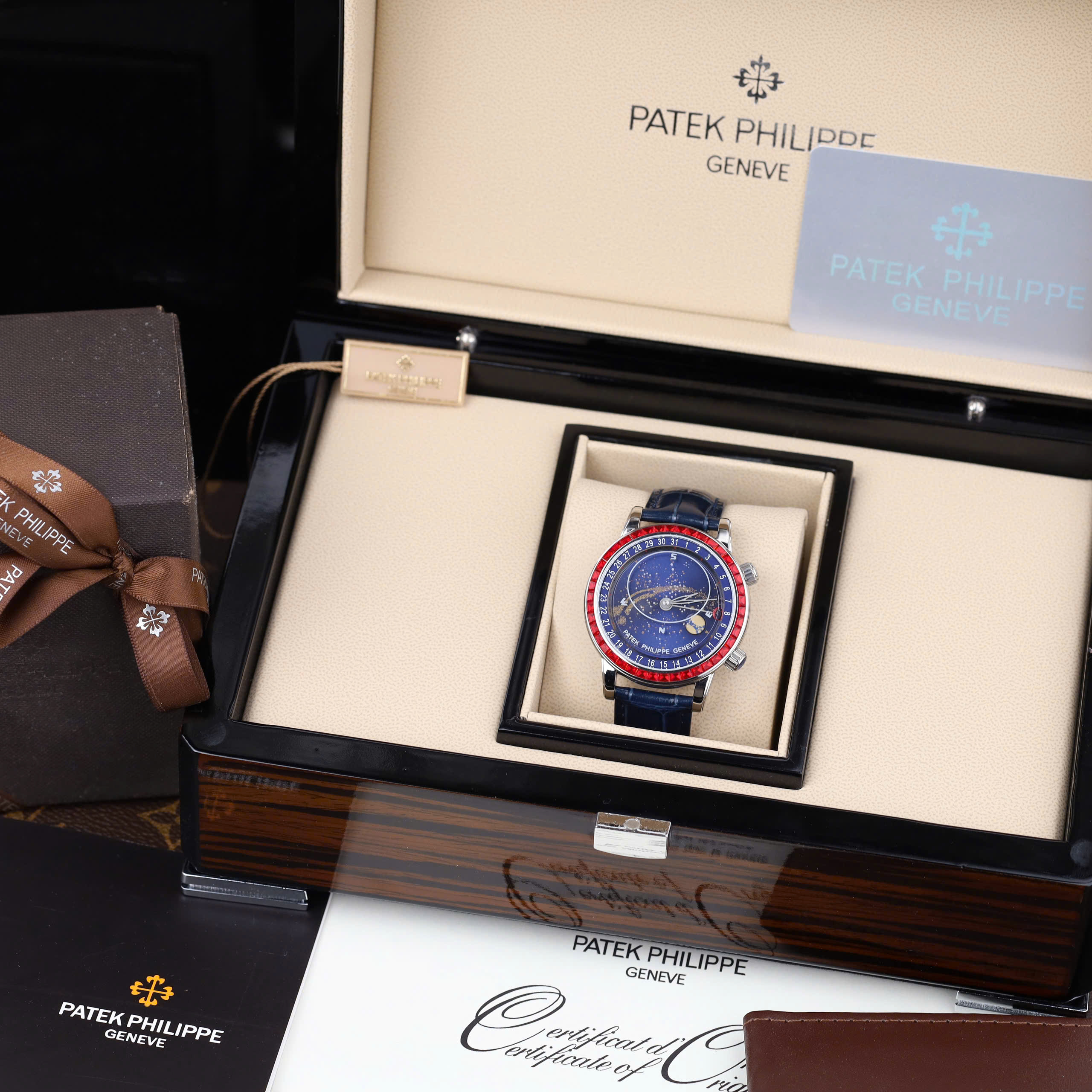 Patek Philippe Complications 6104G Knock Off Watch Blue Dial Sky Moon Ruby On Bezel 40mm (2)
