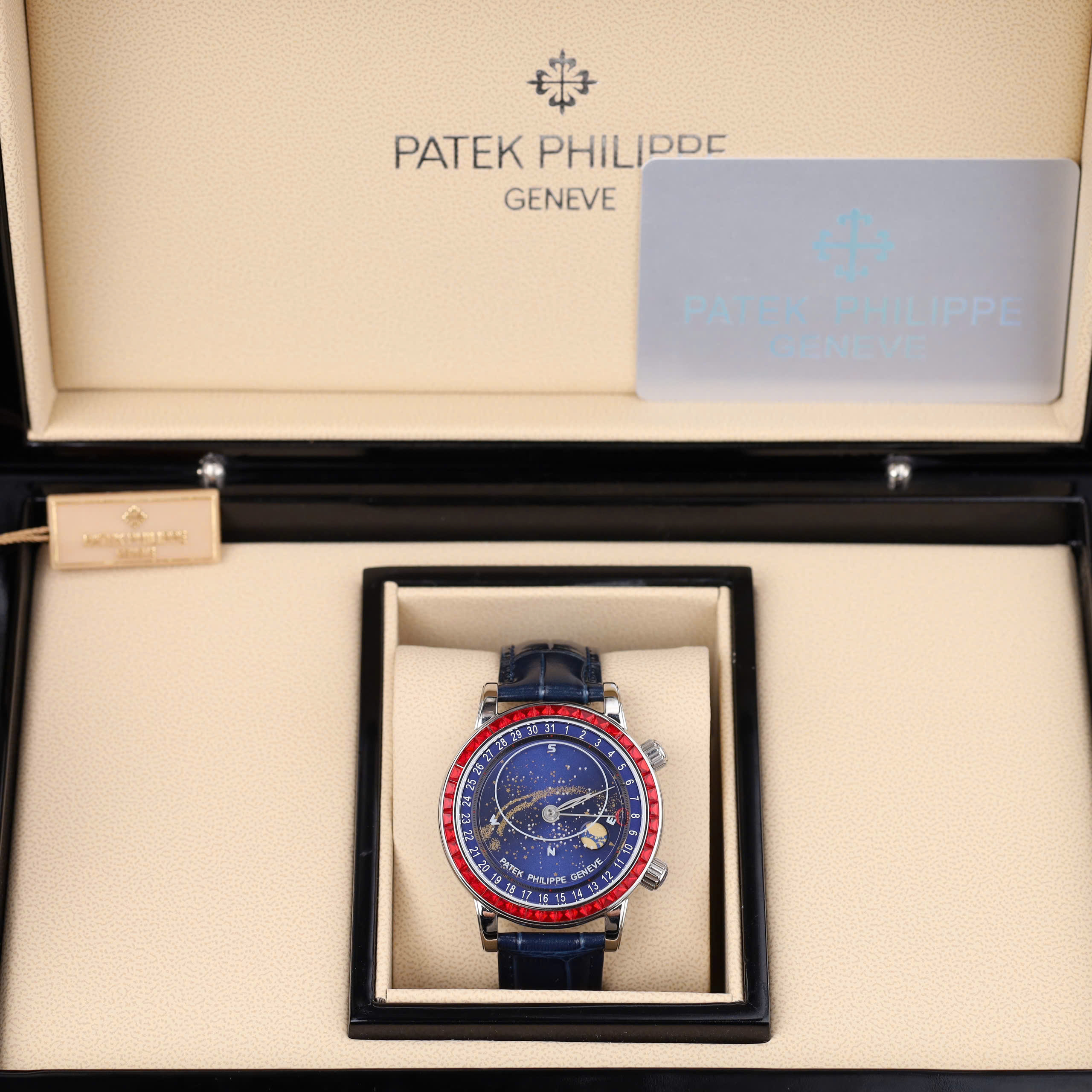 Patek Philippe Complications 6104G Knock Off Watch Blue Dial Sky Moon Ruby On Bezel 40mm (3)