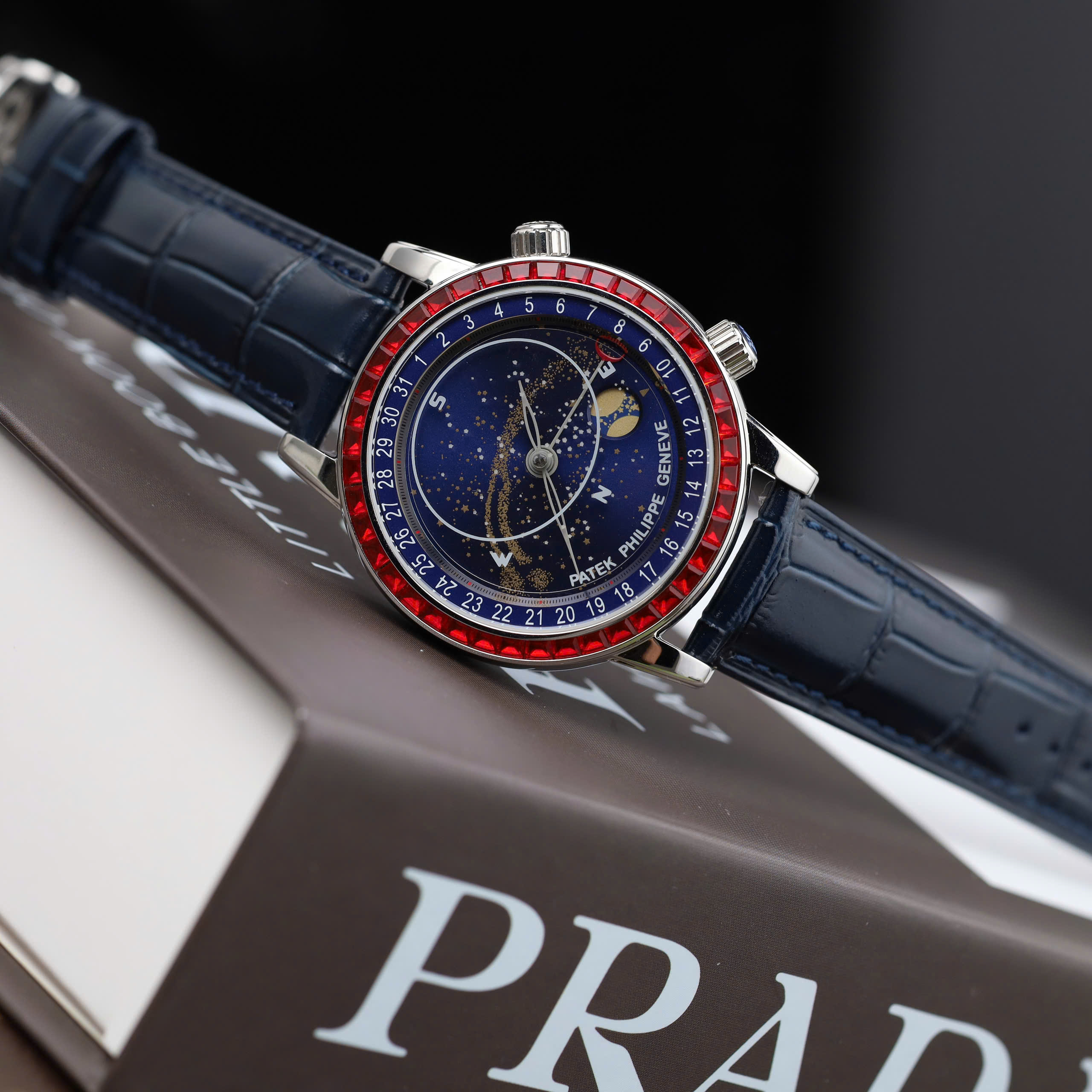 Patek Philippe Complications 6104G Knock Off Watch Blue Dial Sky Moon Ruby On Bezel 40mm (8)