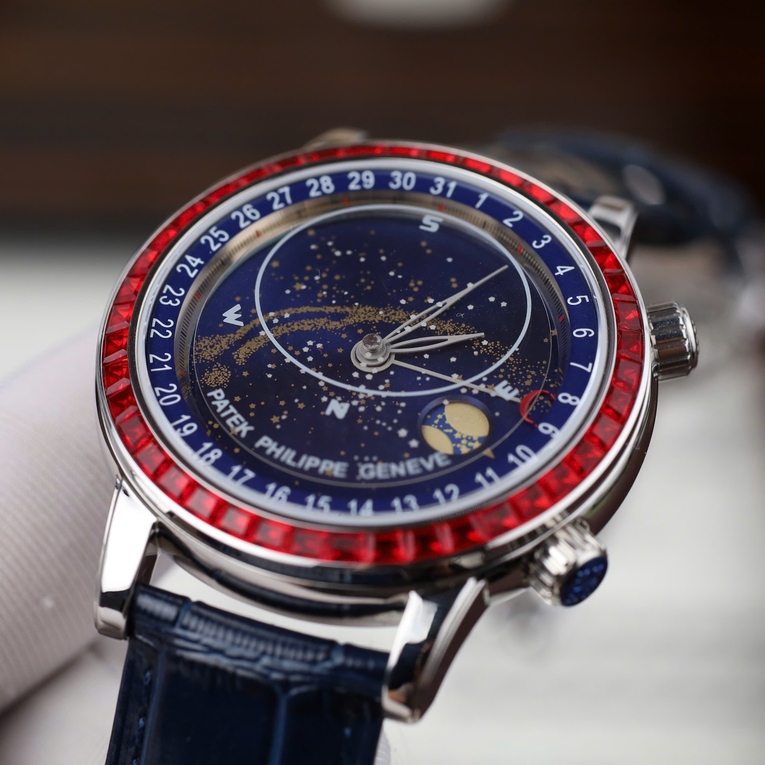 Patek Philippe Complications 6104G Knock Off Watch Blue Dial Sky Moon Ruby On Bezel 40mm (9)