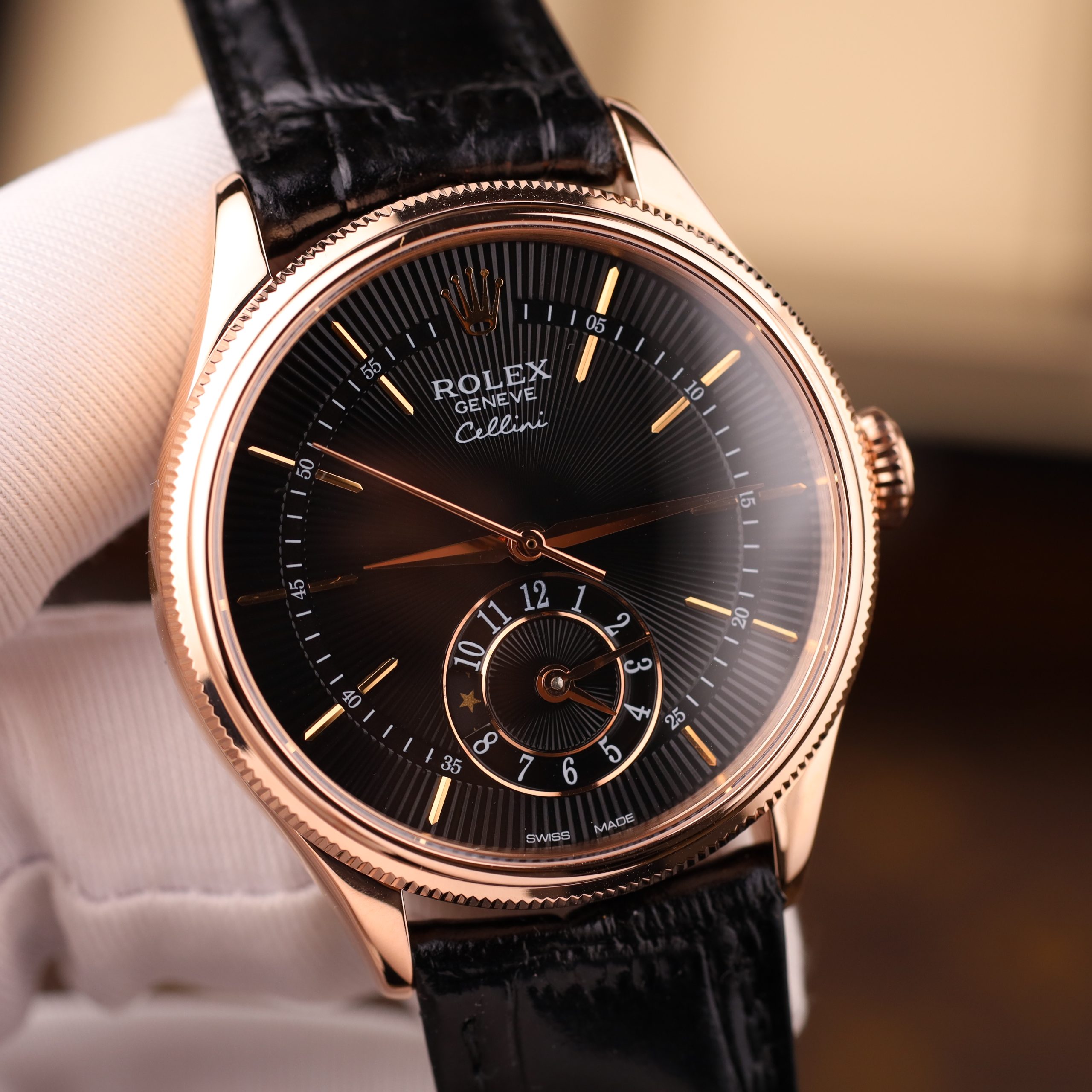 Rolex Cellini Dual Time 39mm Rose Gold 50525 Imitation Watch 18K Gold Wrapped Brown Chocolate Dial Leather Strap KZ Factory 39mm (7)