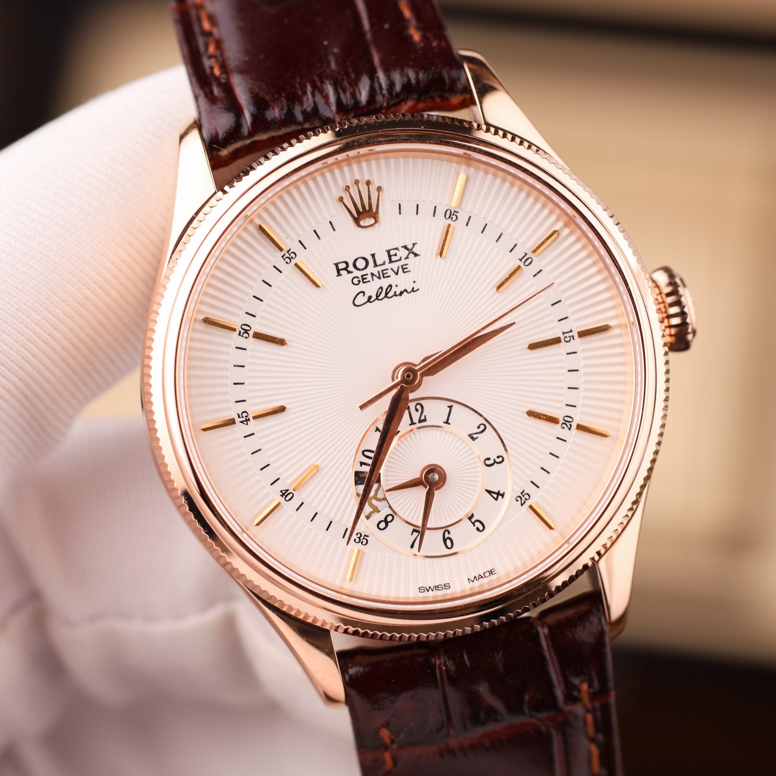 Rolex Cellini Dual Time 50252 High End Replicas Watch Gold Wrapped White Dial Leather Strap 39mm (8)