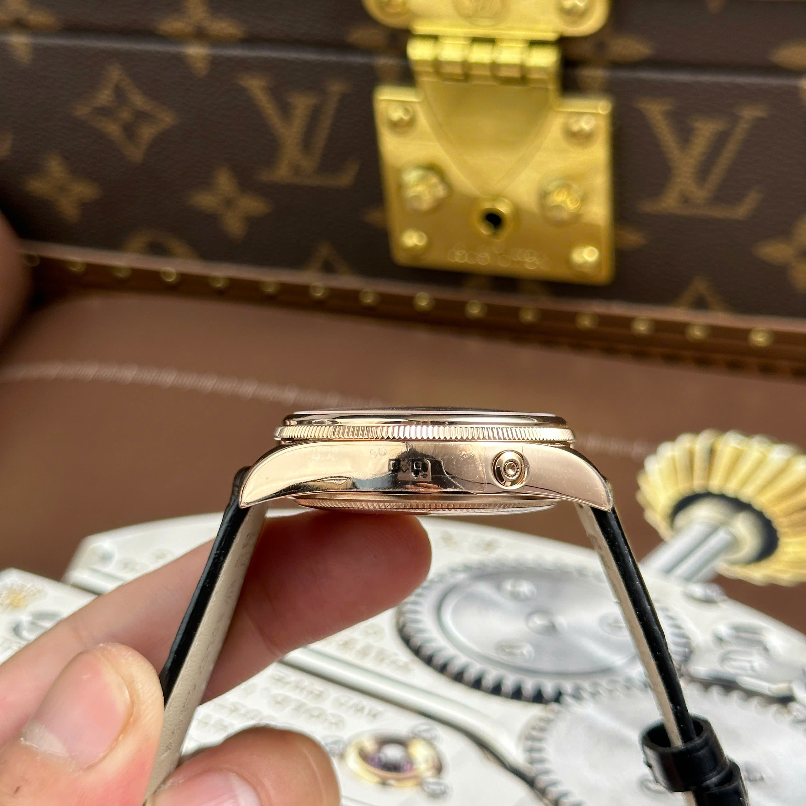 Rolex Cellini Moonphase 50535 Good Imitation Watch Rose Gold Plate Leather Strap KZ (3)