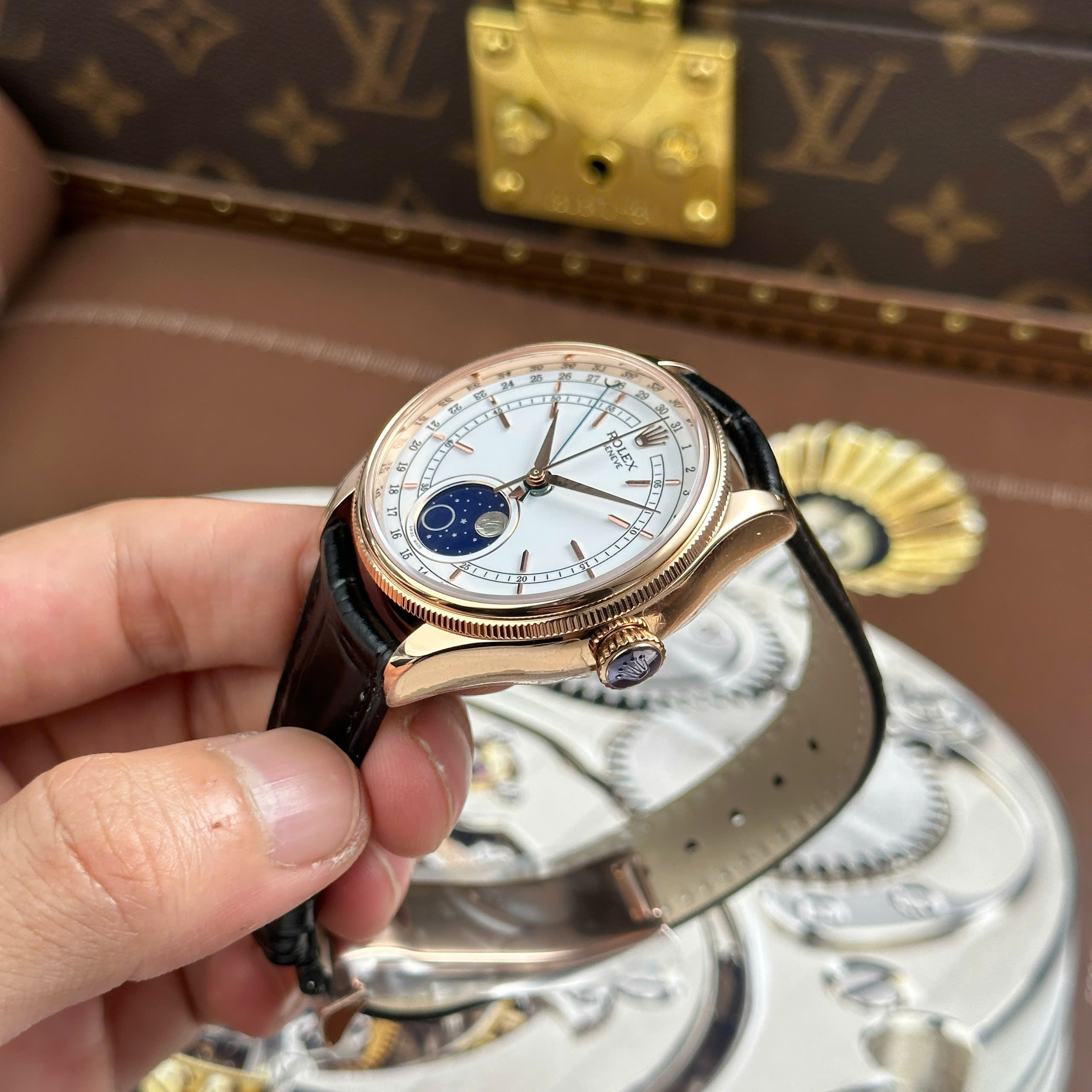 Rolex Cellini Moonphase 50535 Good Imitation Watch Rose Gold Plate Leather Strap KZ (9)