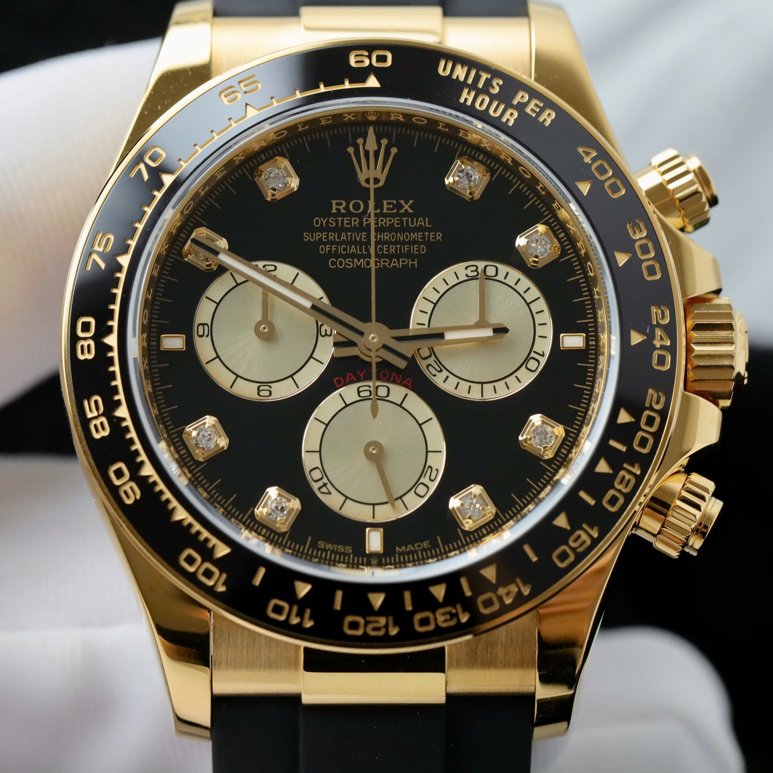 Rolex Cosmograph Daytona Best Replica Watch 18K Gold Wrapped Black Dial Rhinestone Hours 40mm (7)