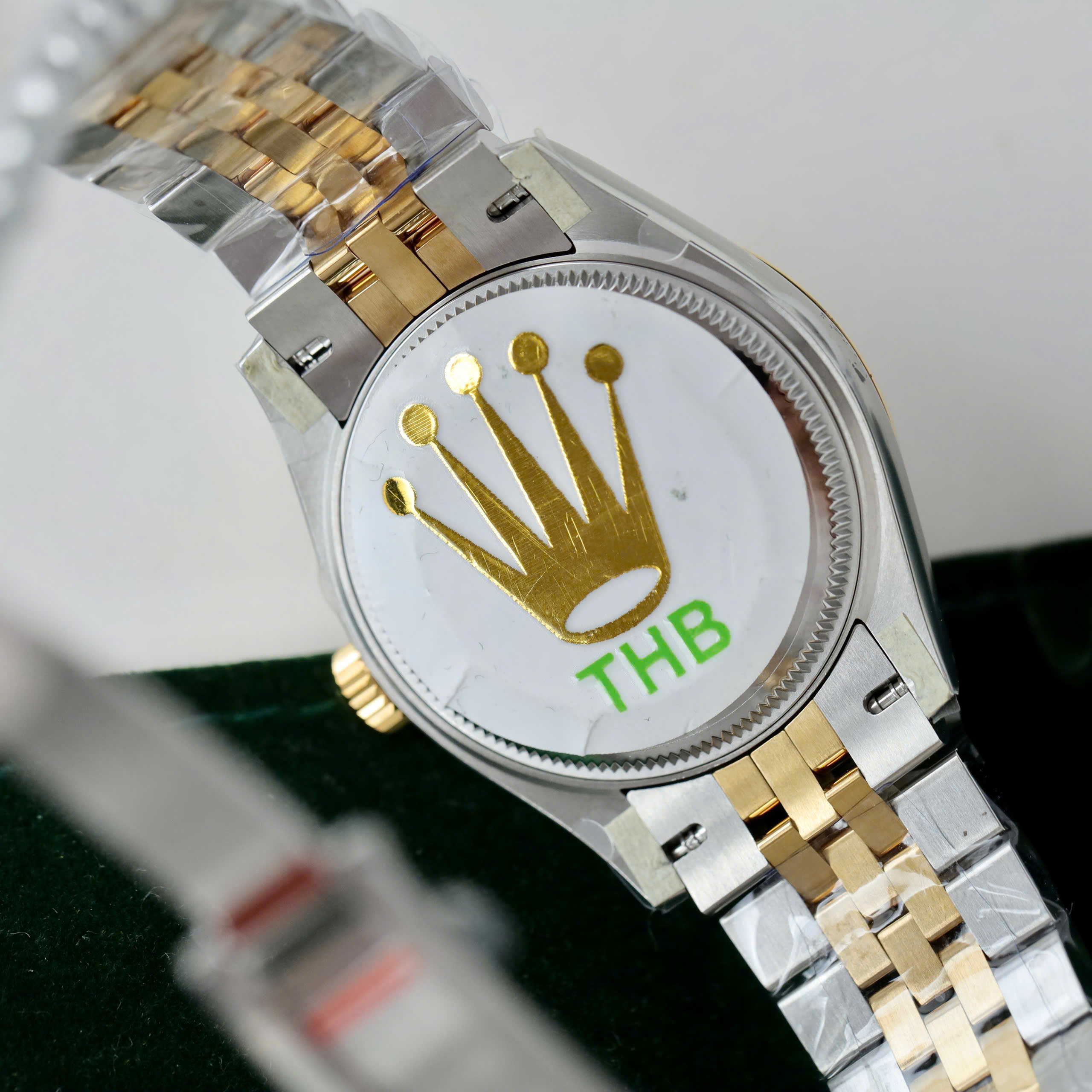 Rolex DateJust Luxury Fake Watches Two Tone Gold Plate Green Dial Rhinestone Hours THB Factory 31mm (2)