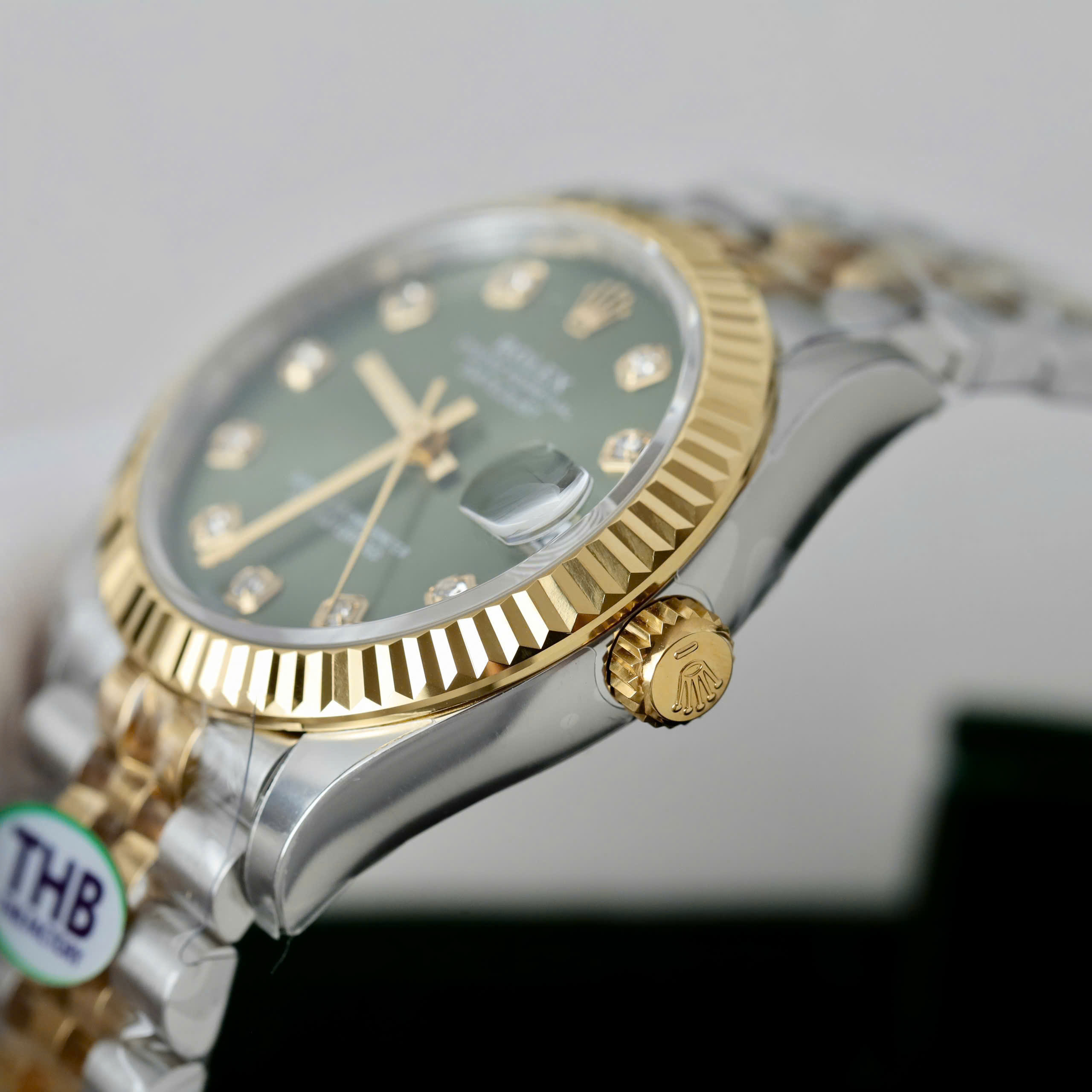 Rolex DateJust Luxury Fake Watches Two Tone Gold Plate Green Dial Rhinestone Hours THB Factory 31mm (3)