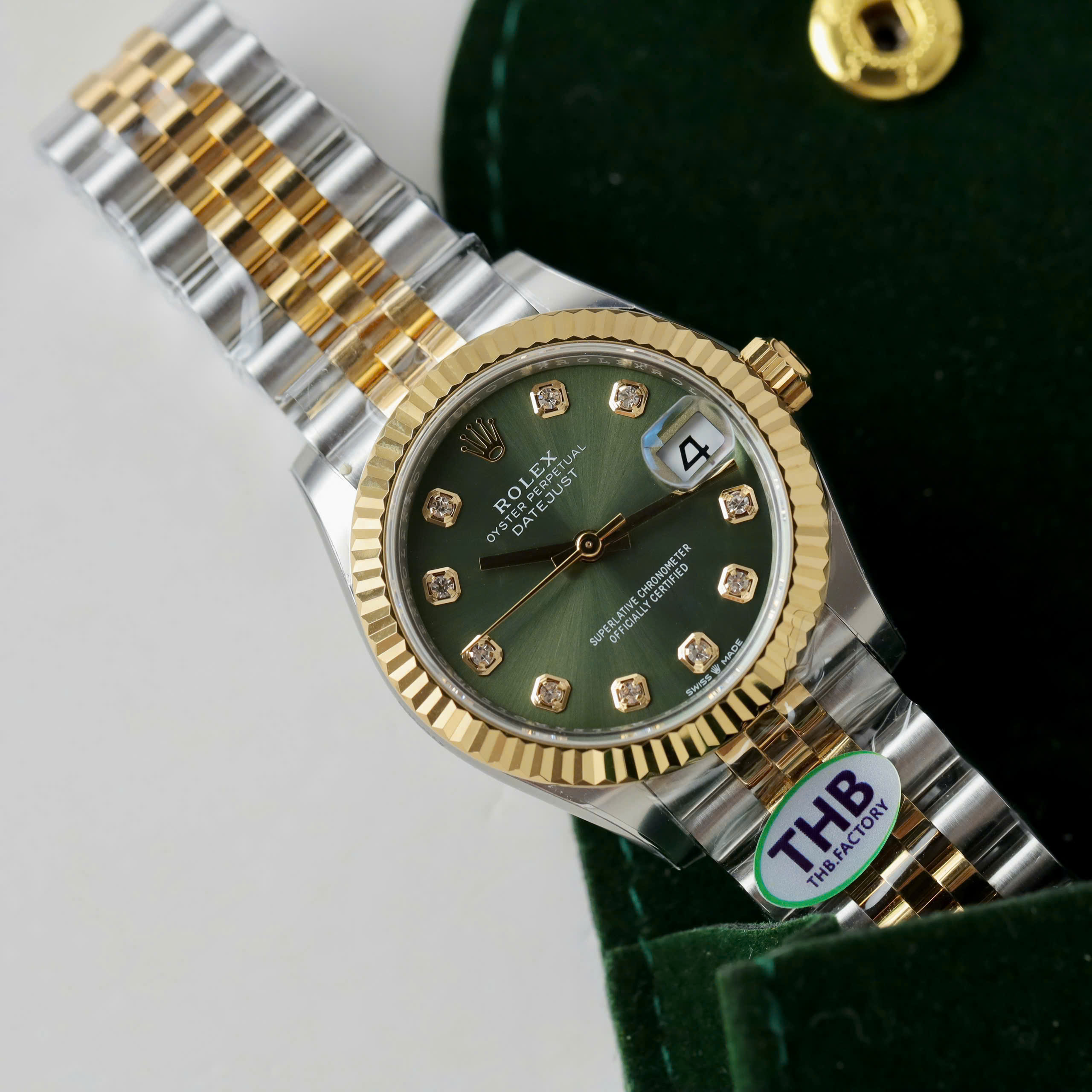 Rolex DateJust Luxury Fake Watches Two Tone Gold Plate Green Dial Rhinestone Hours THB Factory 31mm (6)