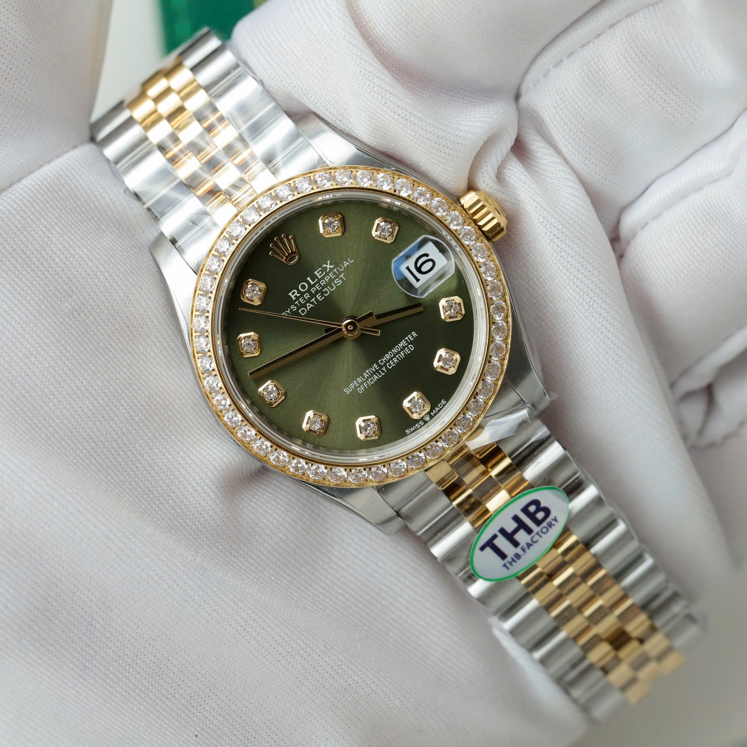 Rolex DateJust Luxury Fake Watches Two Tone Gold Plate Green Dial Rhinestone Hours THB Factory 31mm (7)