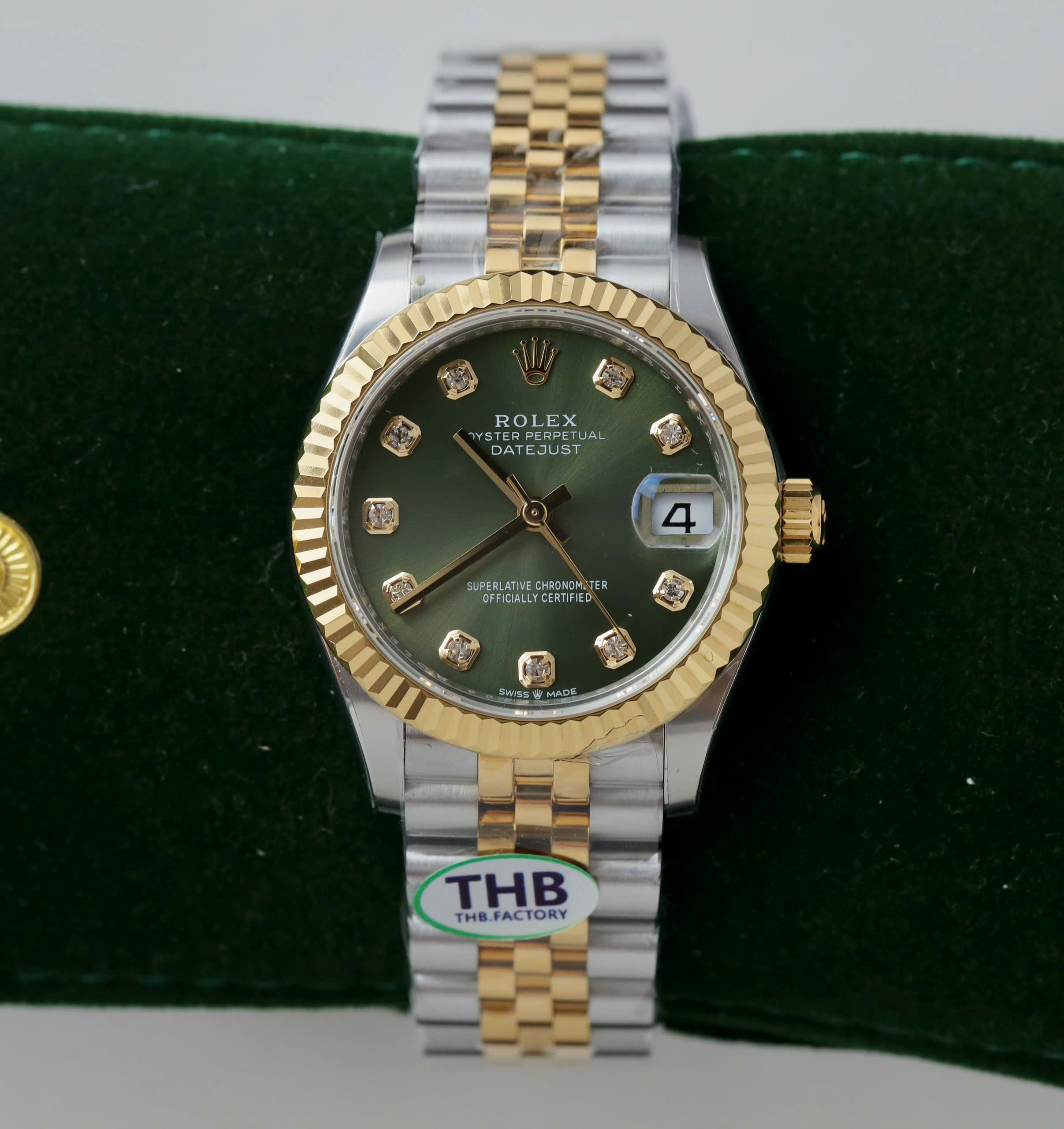 Rolex DateJust Luxury Fake Watches Two Tone Gold Plate Green Dial Rhinestone Hours THB Factory 31mm (8)