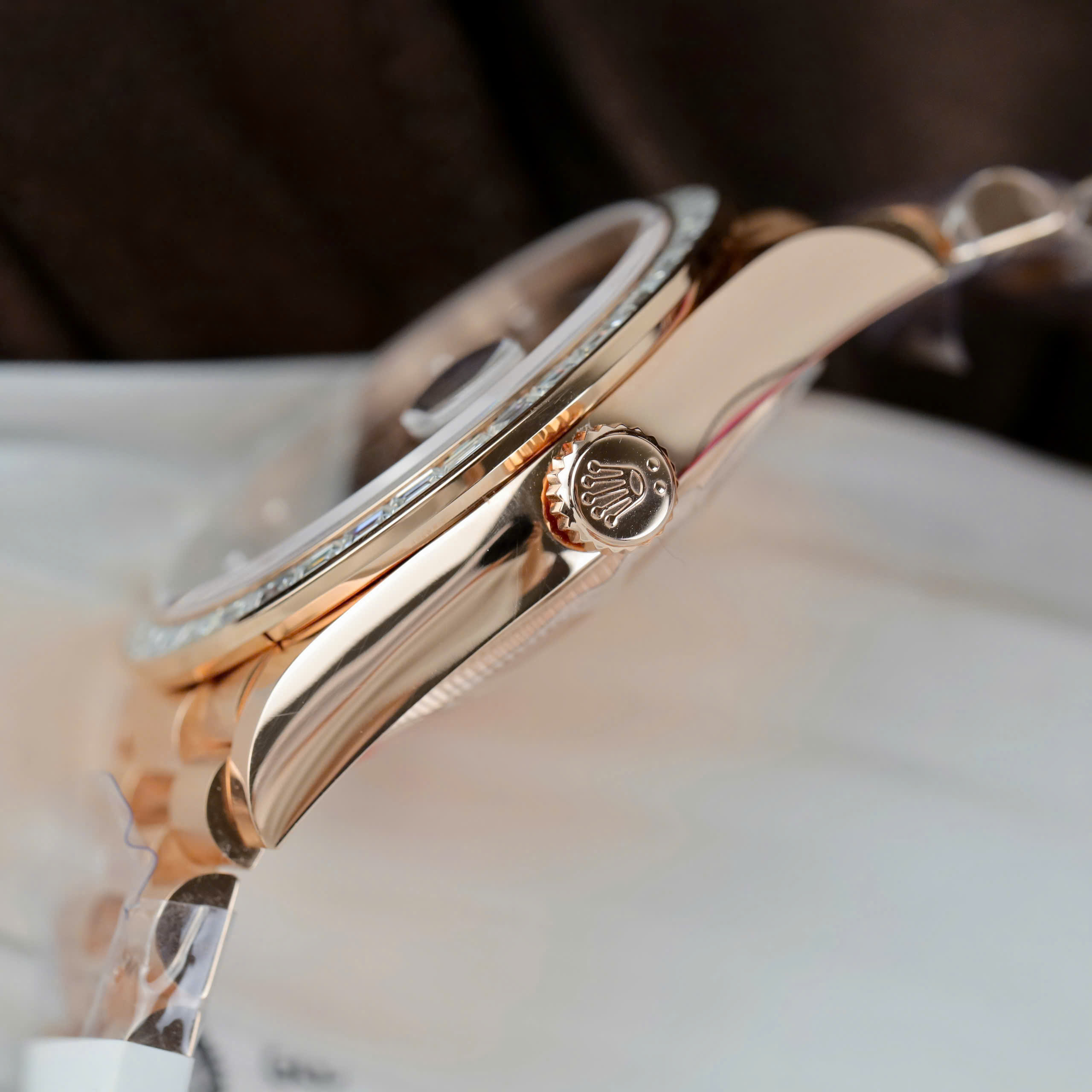 Rolex Day-Date Imitation Watch Chocolate Dial Bezel Moissanite Baguette 18K Gold Wrapped 36mm (3)